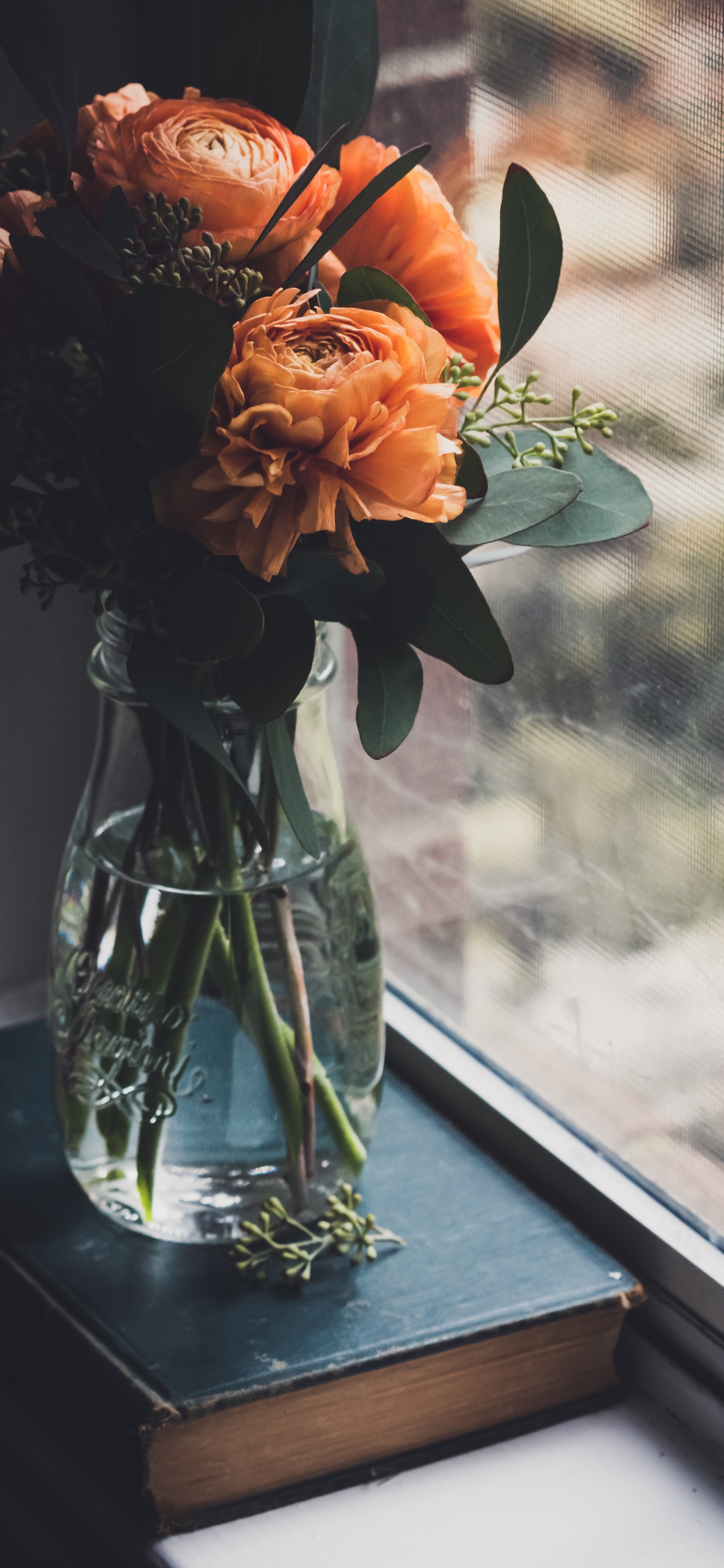 Roses Oranges Dans un Vase en Verre Transparent. Wallpaper in 1242x2688 Resolution