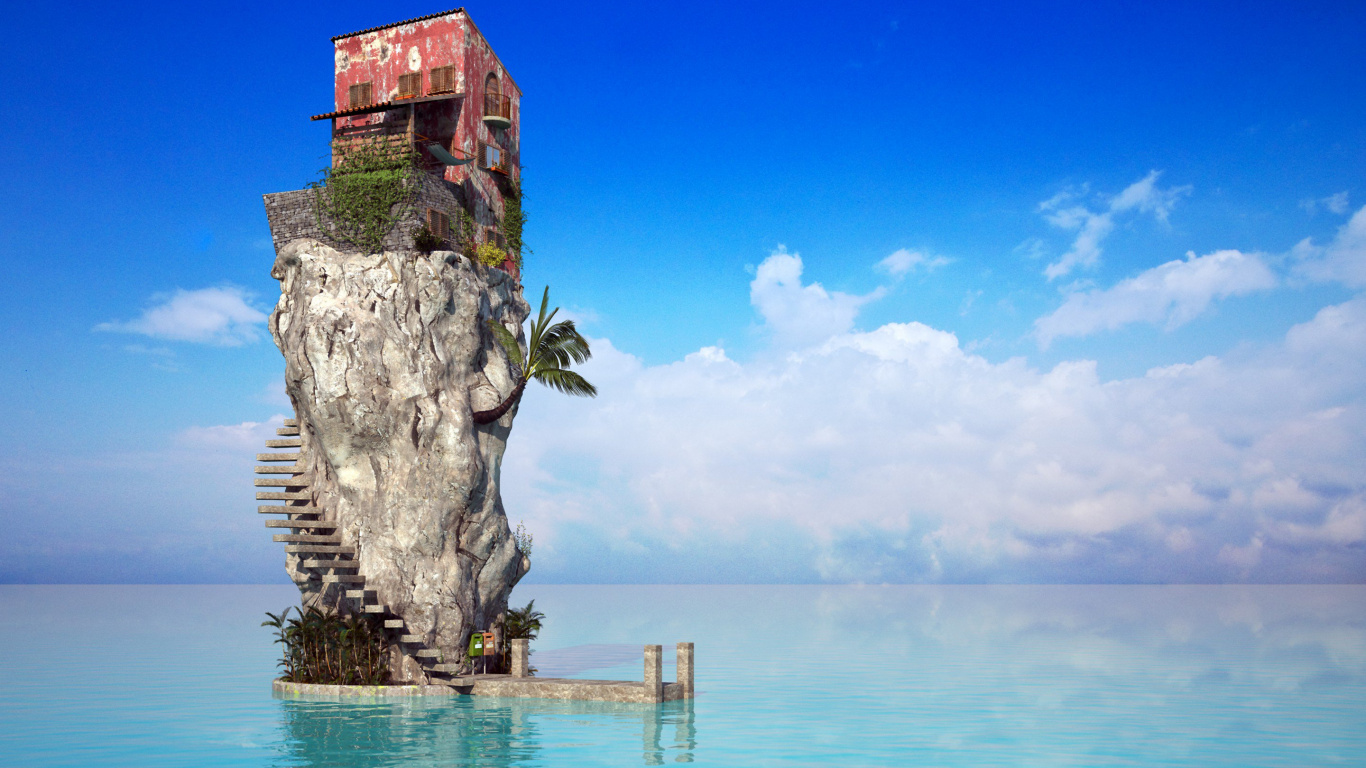 Brown Wooden House on Rock Formation Near Body of Water During Daytime. Wallpaper in 1366x768 Resolution