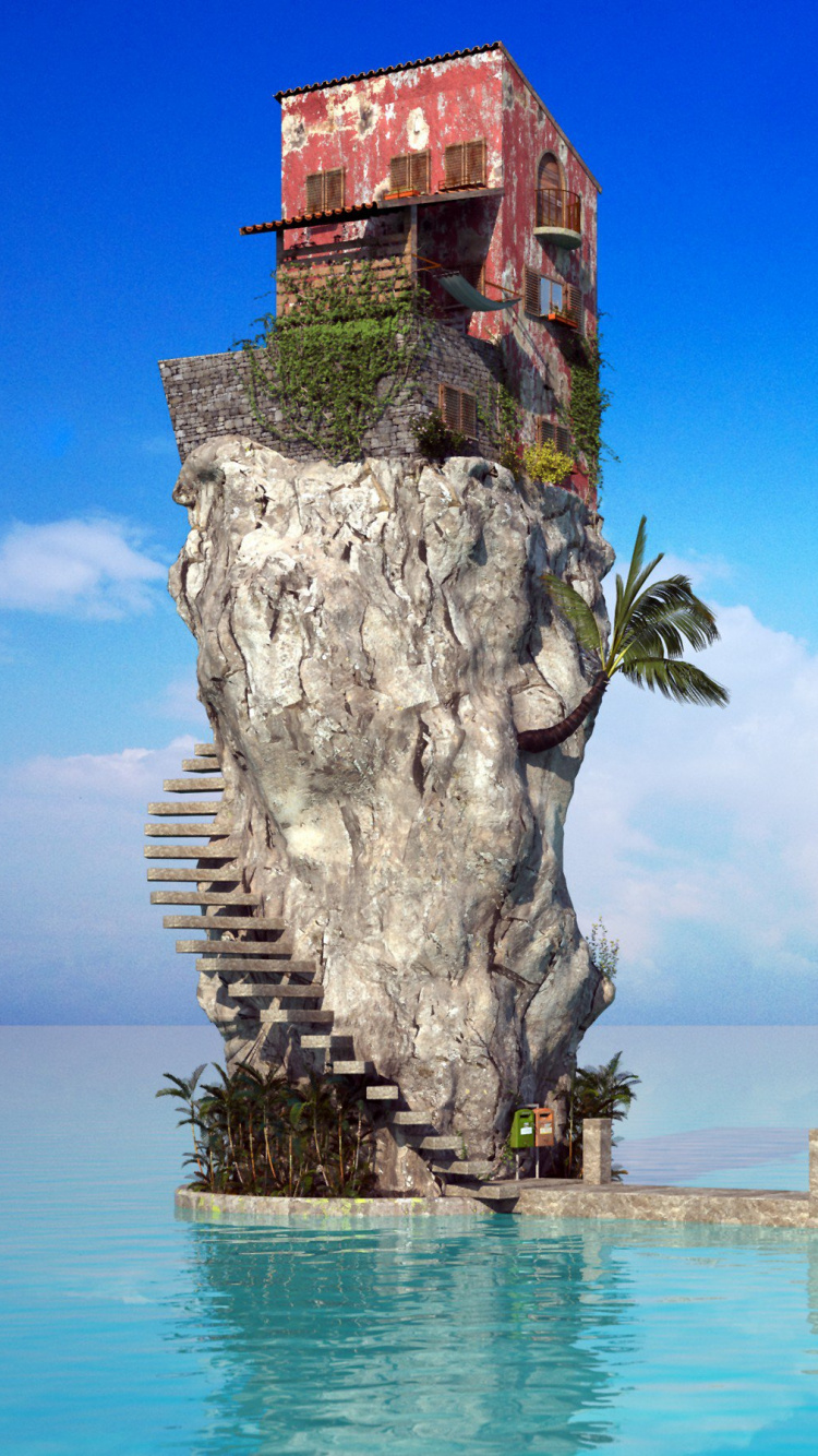 Maison en Bois Brune Sur Une Formation Rocheuse Près D'un Plan D'eau Pendant la Journée. Wallpaper in 750x1334 Resolution