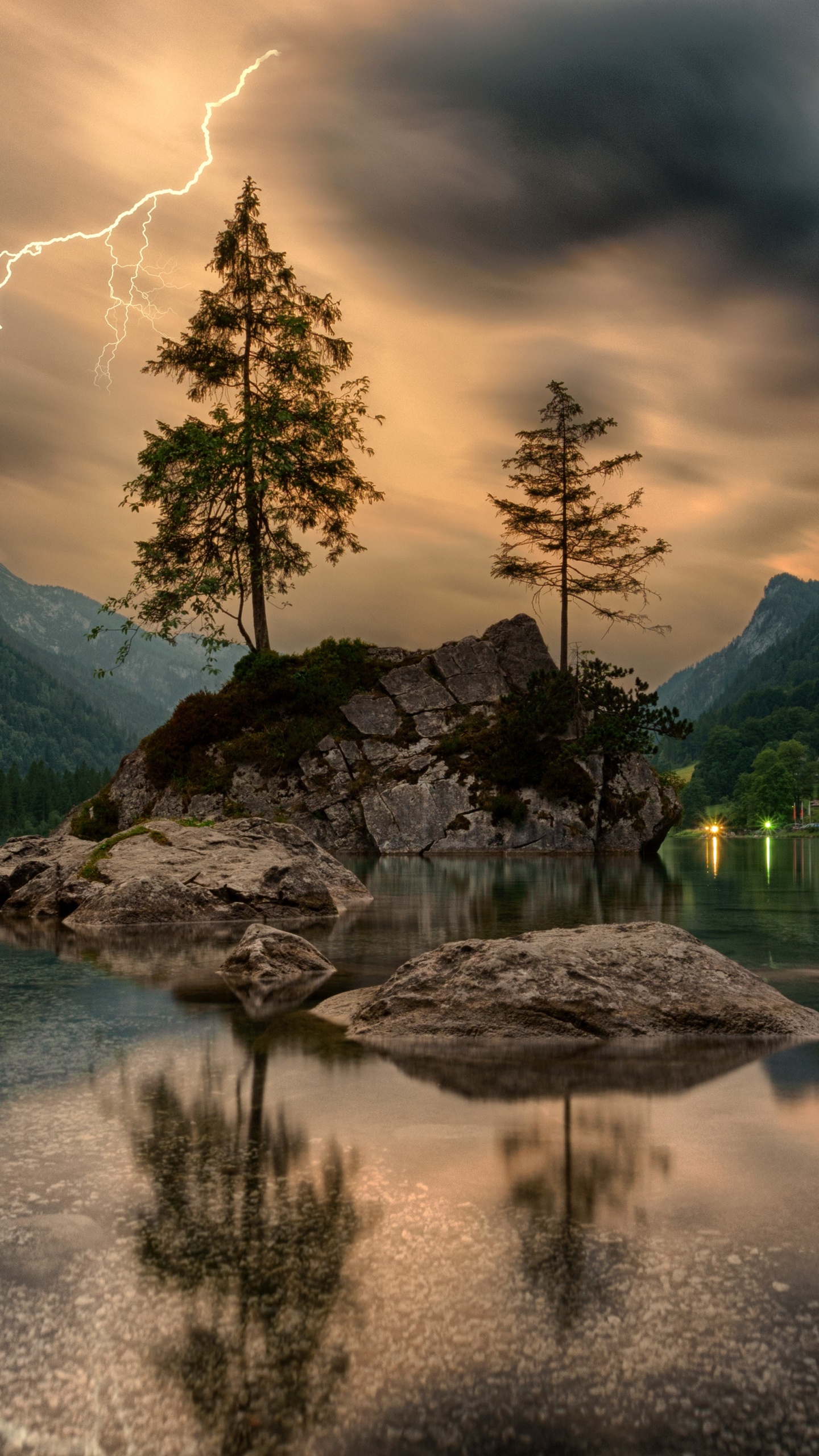 Arbres Verts Sur la Formation de Roche Brune Sur le Lac Pendant la Journée. Wallpaper in 1440x2560 Resolution