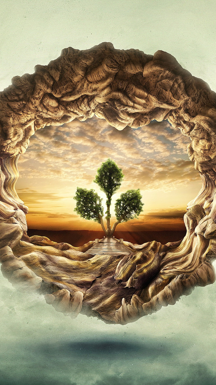 Brown Wooden Round Frame With Green Tree on The Side. Wallpaper in 750x1334 Resolution