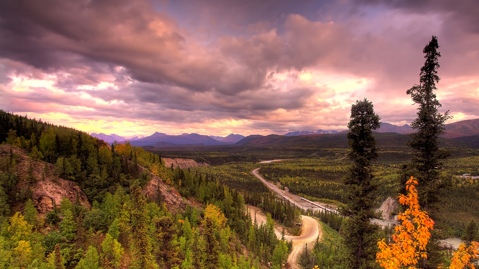Green Trees and Mountains Under Gray Clouds. Wallpaper in 1920x1080 Resolution