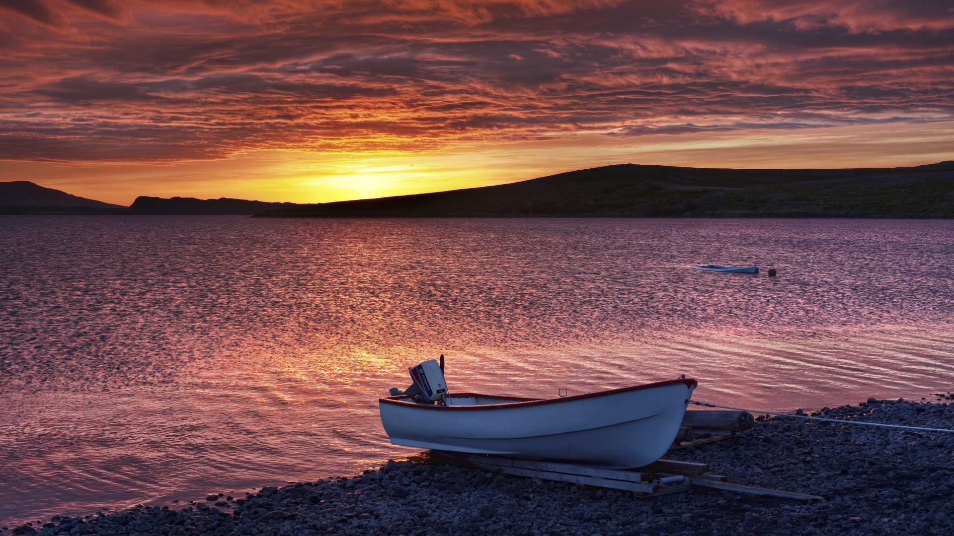 Boat, Iceland, Lake, Cars, Sunset. Wallpaper in 1920x1080 Resolution