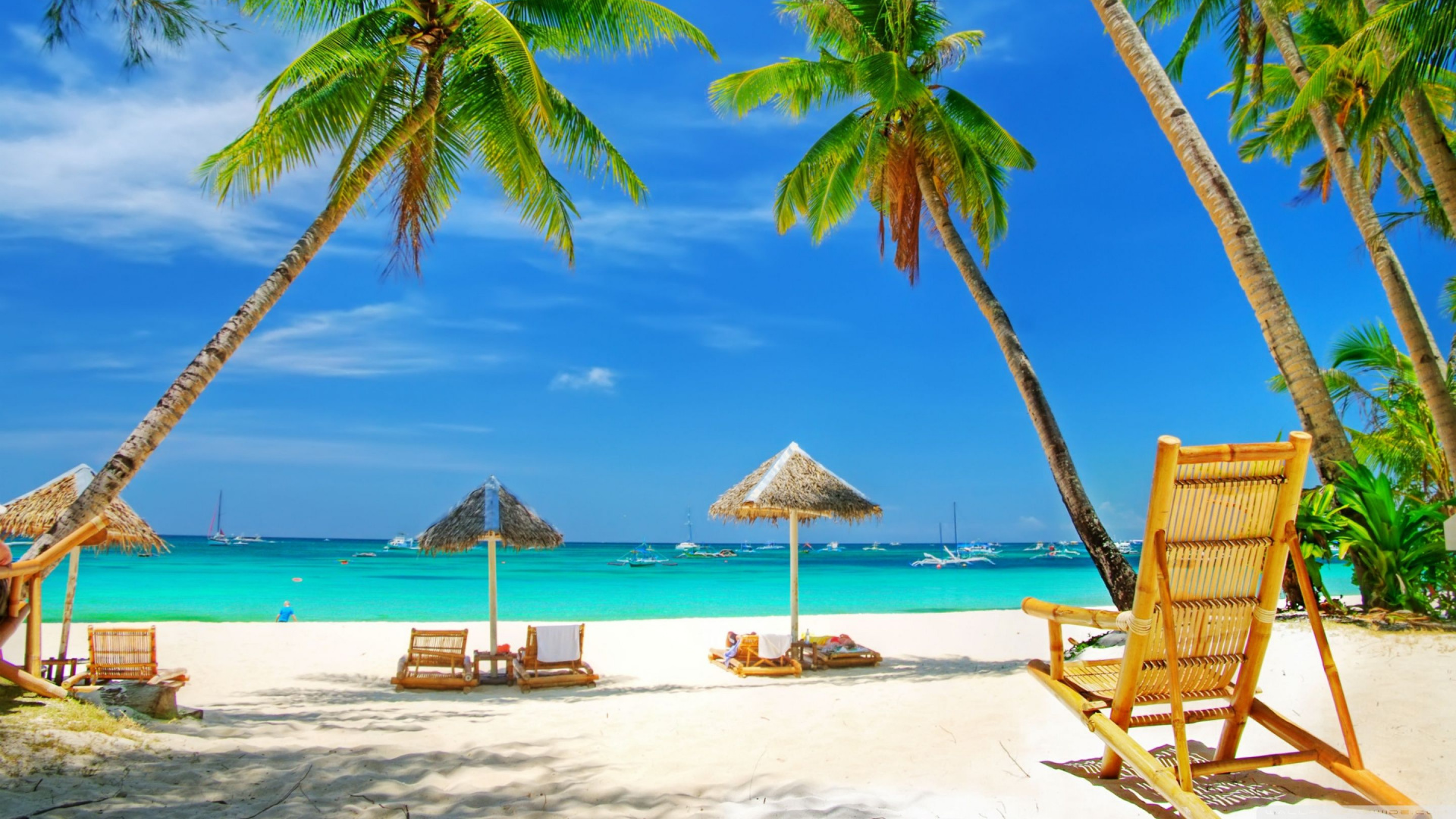 Brown Wooden Beach Lounge Chairs on Beach During Daytime. Wallpaper in 1920x1080 Resolution