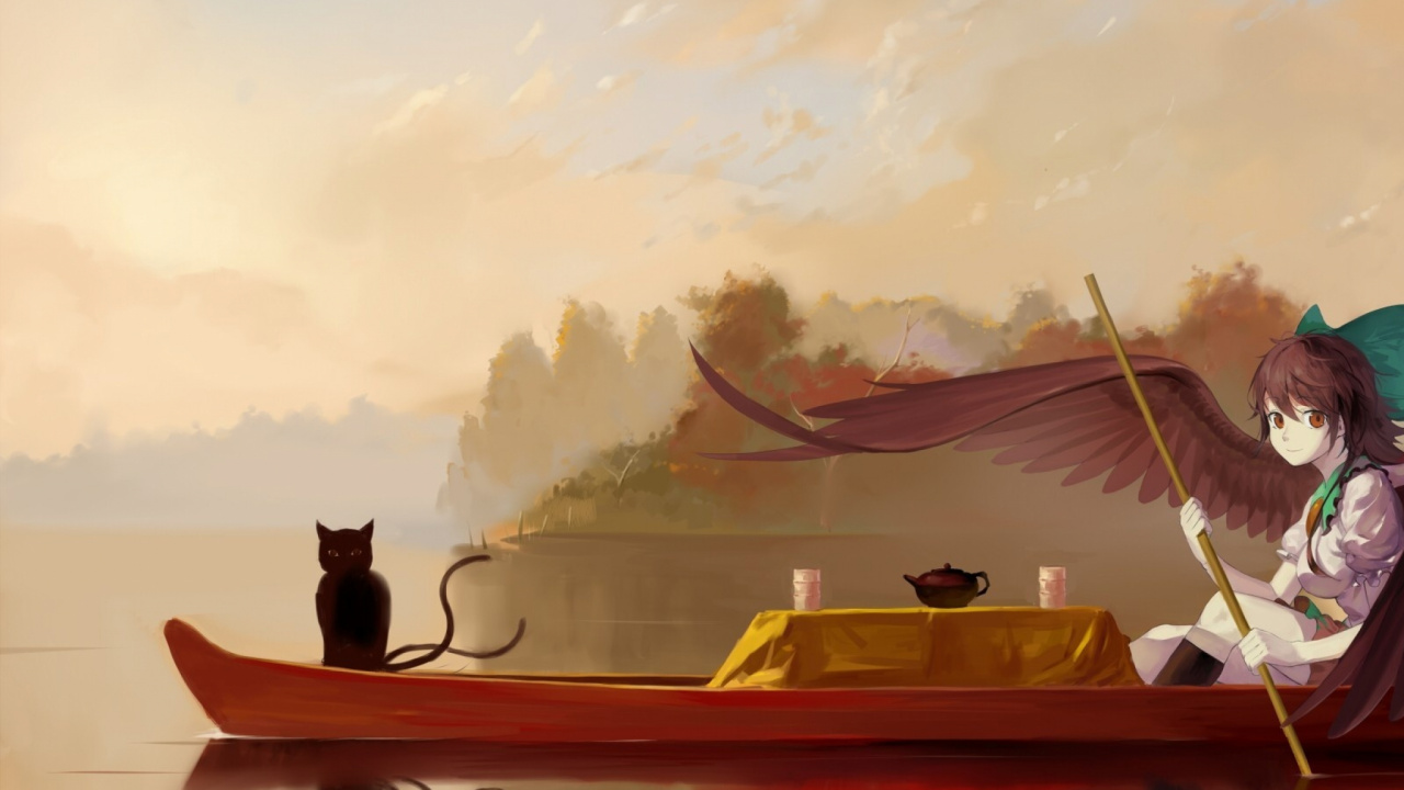 Bateau en Bois Marron Sur Plan D'eau Peinture. Wallpaper in 1280x720 Resolution