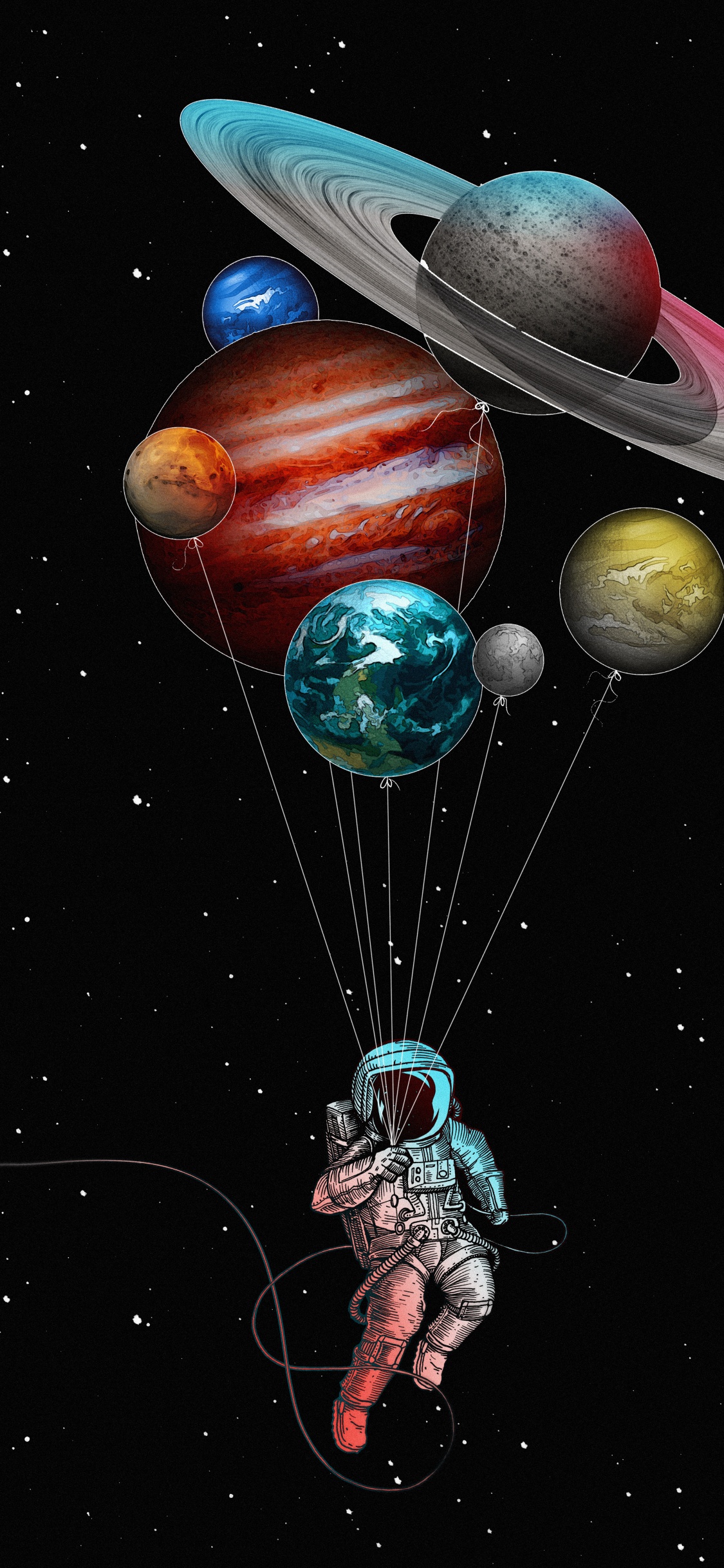 Astronaut Mit Luftballons, Ballon, Raum, Astronaut, Weltraum. Wallpaper in 1125x2436 Resolution