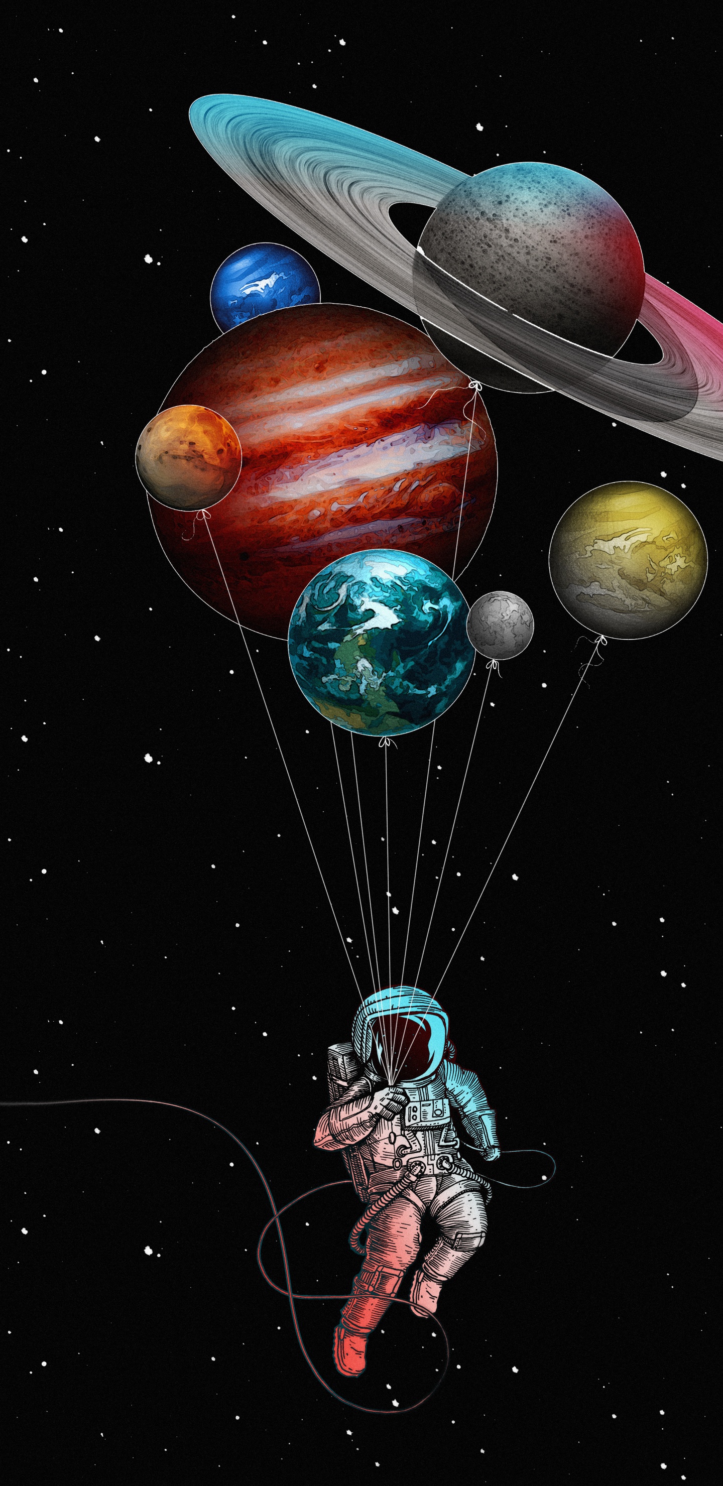 Astronaut Mit Luftballons, Ballon, Raum, Astronaut, Weltraum. Wallpaper in 1440x2960 Resolution