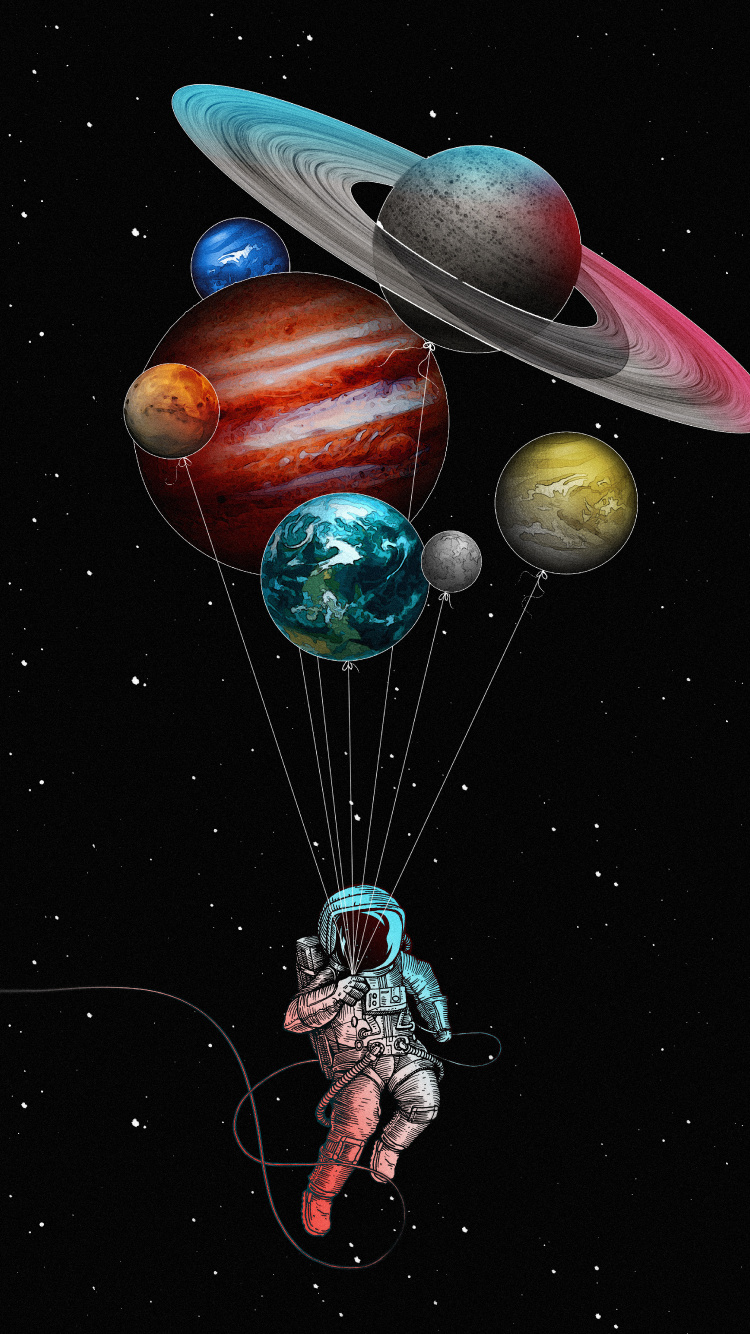 Astronaute Avec Des Ballons, Montgolfière, Espace, Astronaute, Espace Extérieur. Wallpaper in 750x1334 Resolution