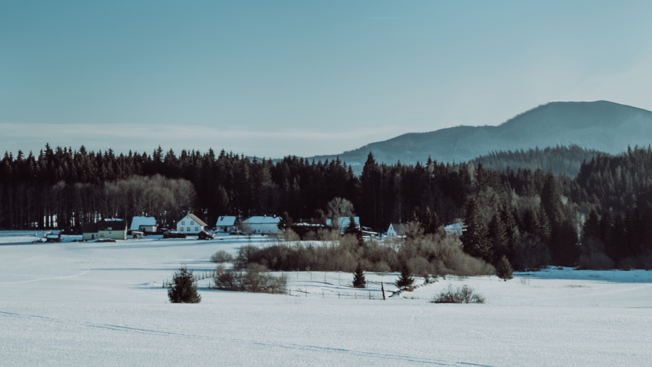 la Pintura de Paisaje, Nieve, Invierno, Congelación, Luna. Wallpaper in 1280x720 Resolution