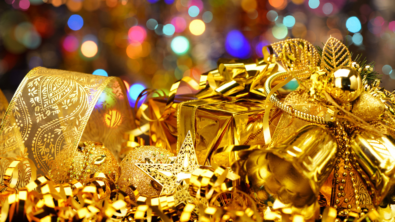Gold, Christmas, Christmas Decoration, Event, Tradition. Wallpaper in 1366x768 Resolution