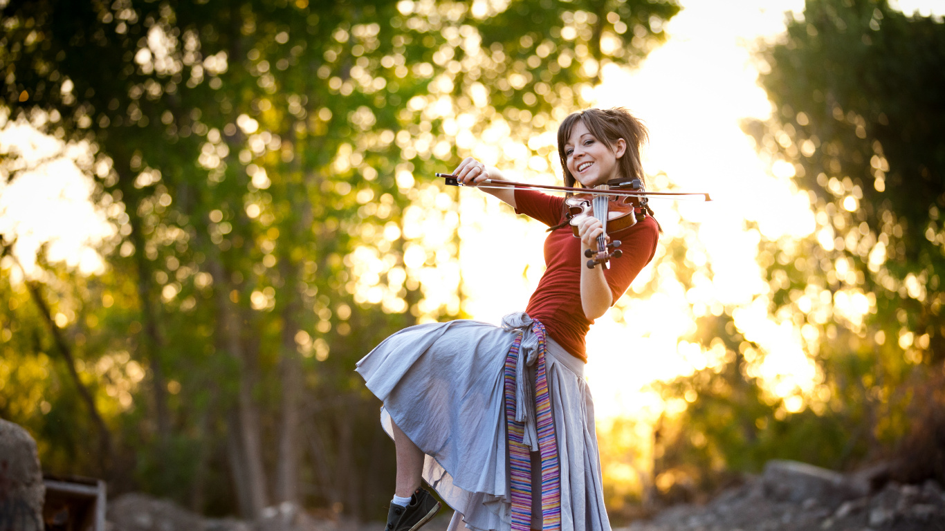 Violin, Sunlight, Tree, Fun, Girl. Wallpaper in 1366x768 Resolution