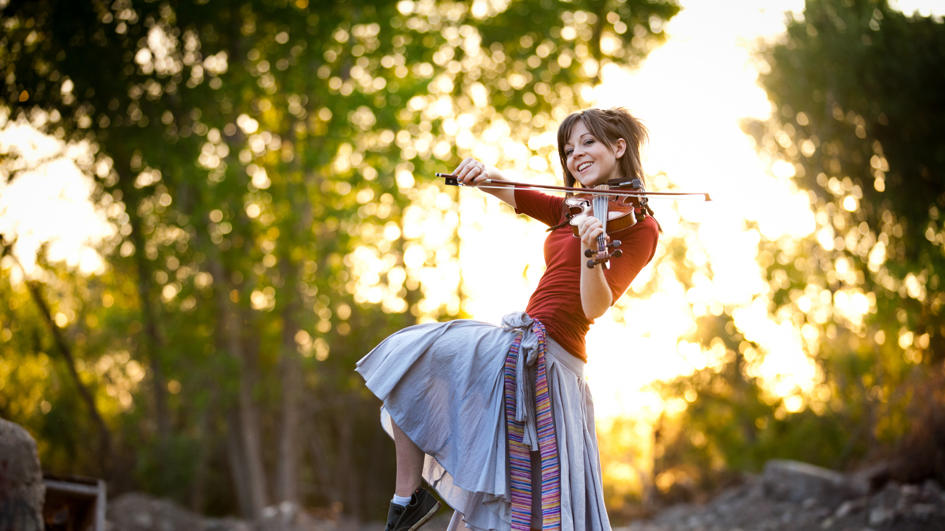 Violin, Sunlight, Tree, Fun, Girl. Wallpaper in 1920x1080 Resolution