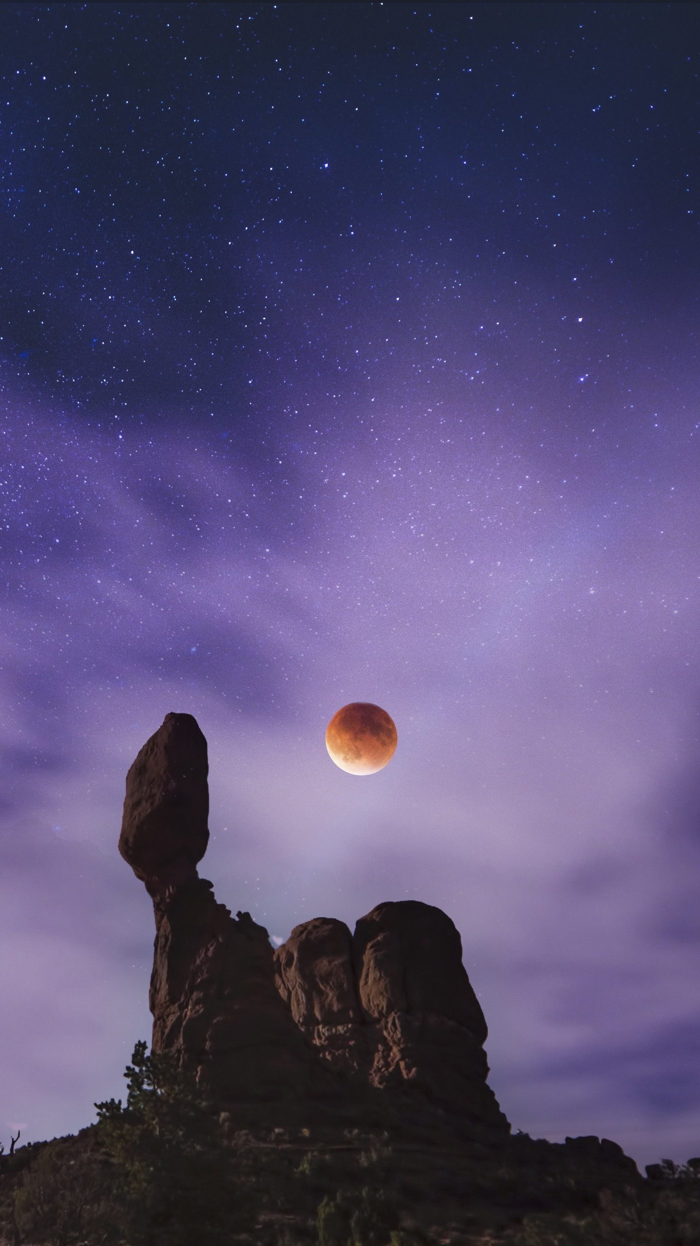 Silhouette of Man and Woman Sitting on Rock Under Starry Night. Wallpaper in 1440x2560 Resolution