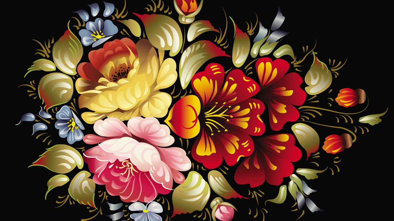 Red and Yellow Flowers Illustration. Wallpaper in 1366x768 Resolution