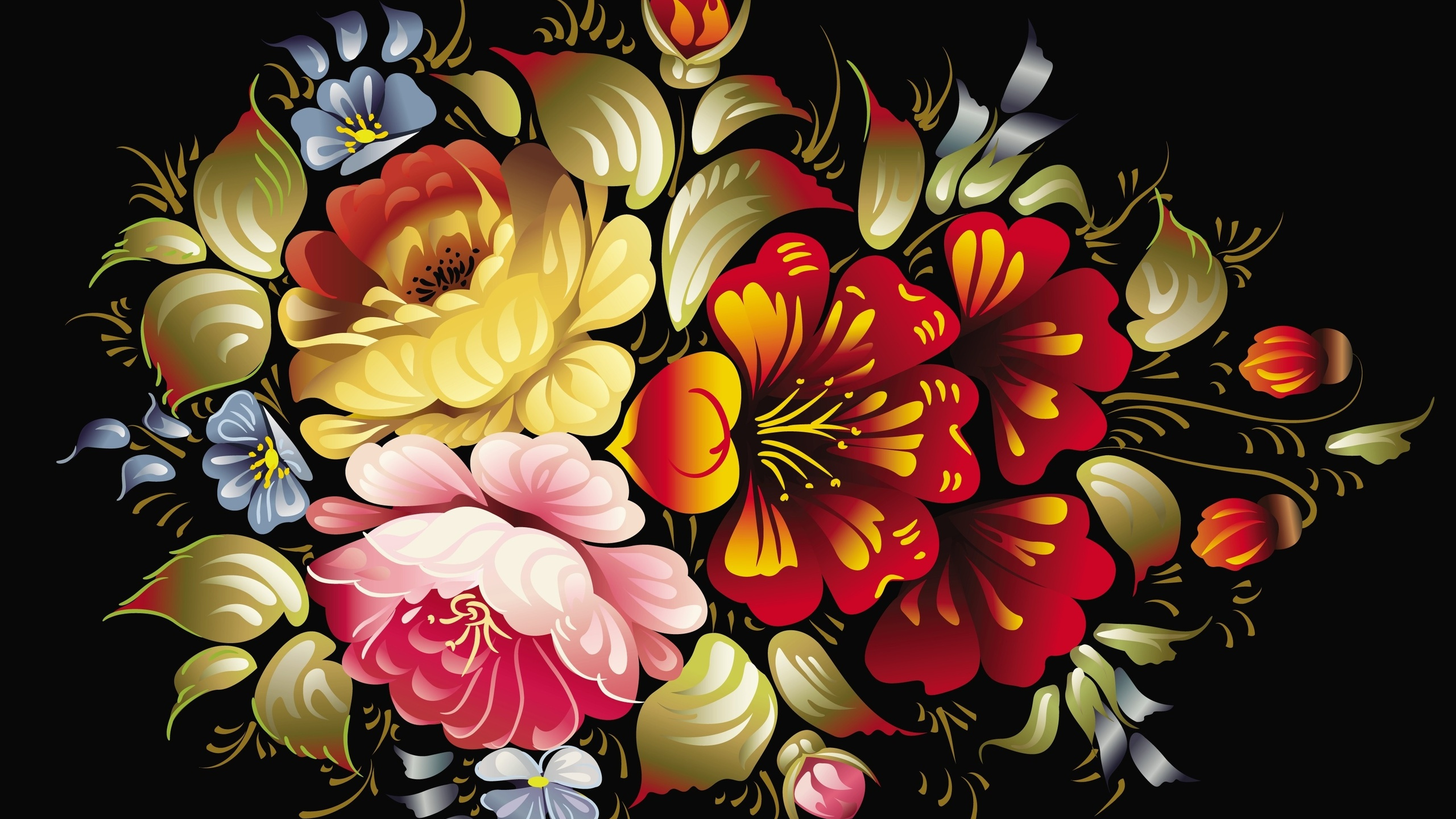 Red and Yellow Flowers Illustration. Wallpaper in 2560x1440 Resolution