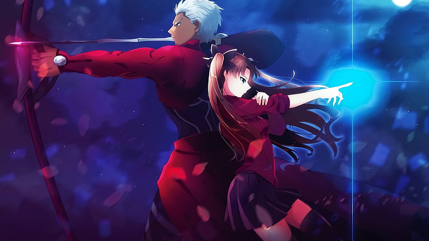 Arquero, Rin Tohsaka, Shirou Emiya, Lanzamiento, El Destino Cero. Wallpaper in 1366x768 Resolution