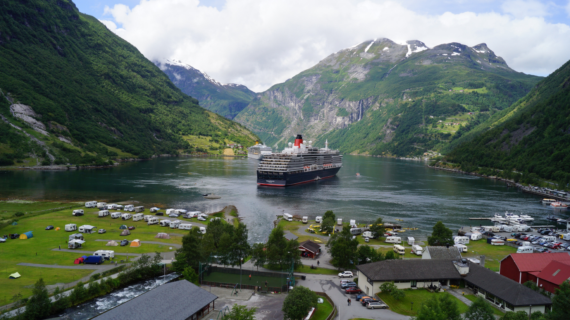 Red and White Boat on River Near Green Mountains Under White Clouds During Daytime. Wallpaper in 1920x1080 Resolution