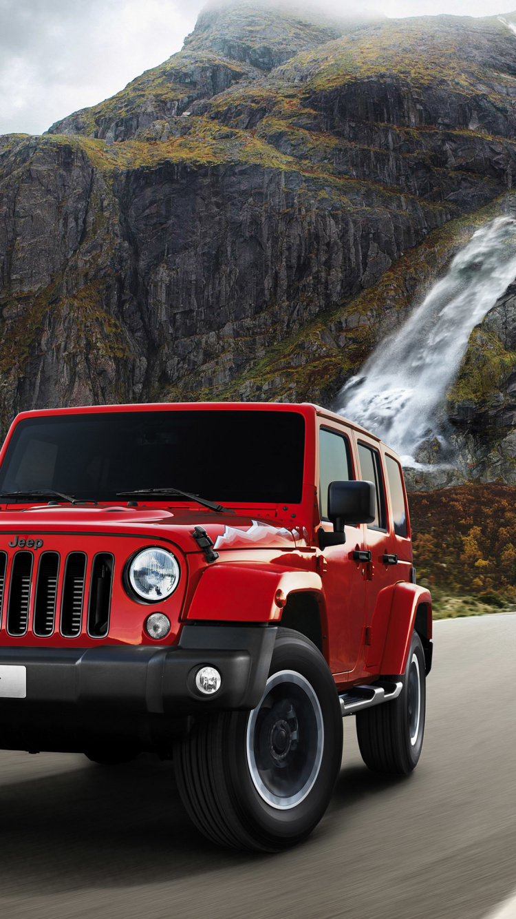 Jeep Wrangler Rouge Sur Route Pendant la Journée. Wallpaper in 750x1334 Resolution