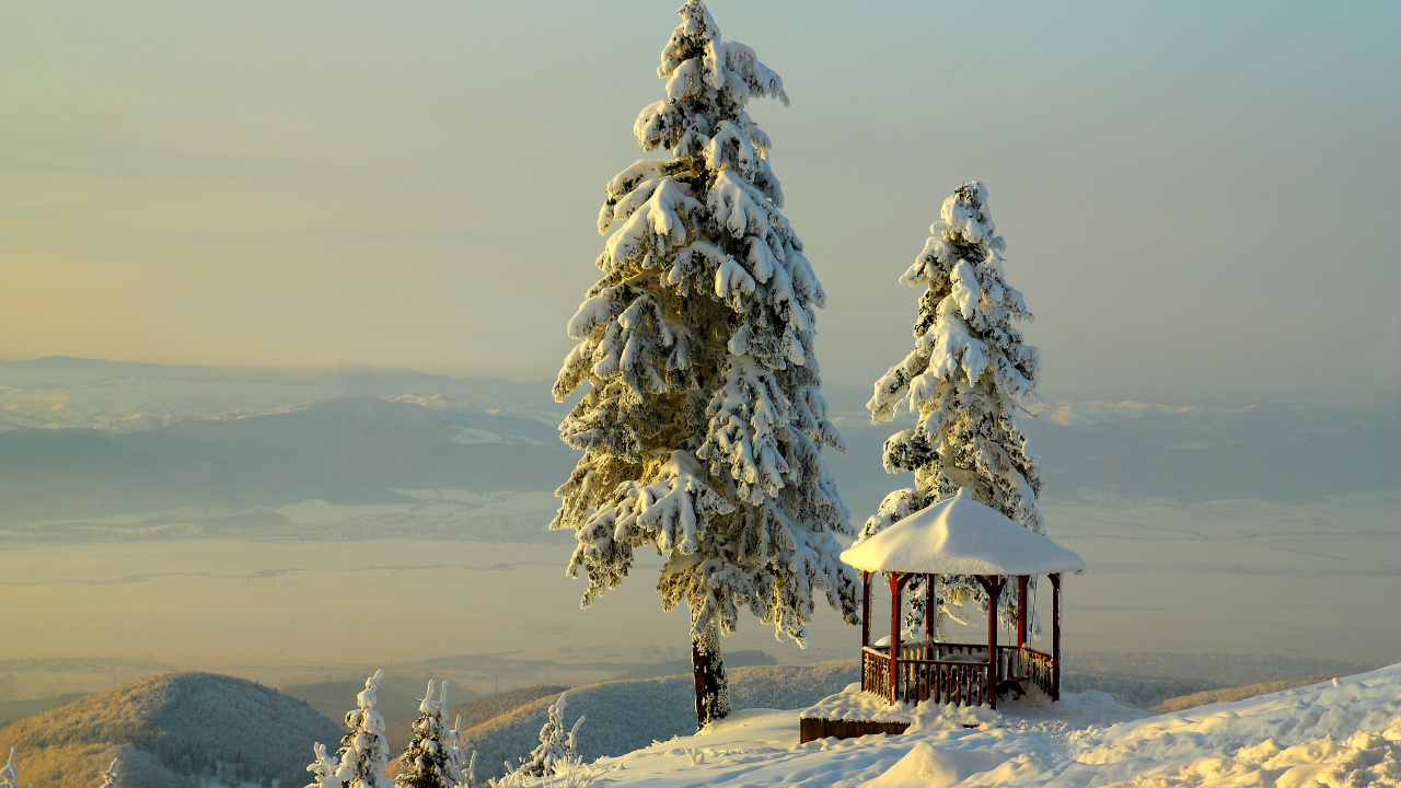 Braunes Holzhaus Auf Schneebedecktem Boden Tagsüber. Wallpaper in 1280x720 Resolution