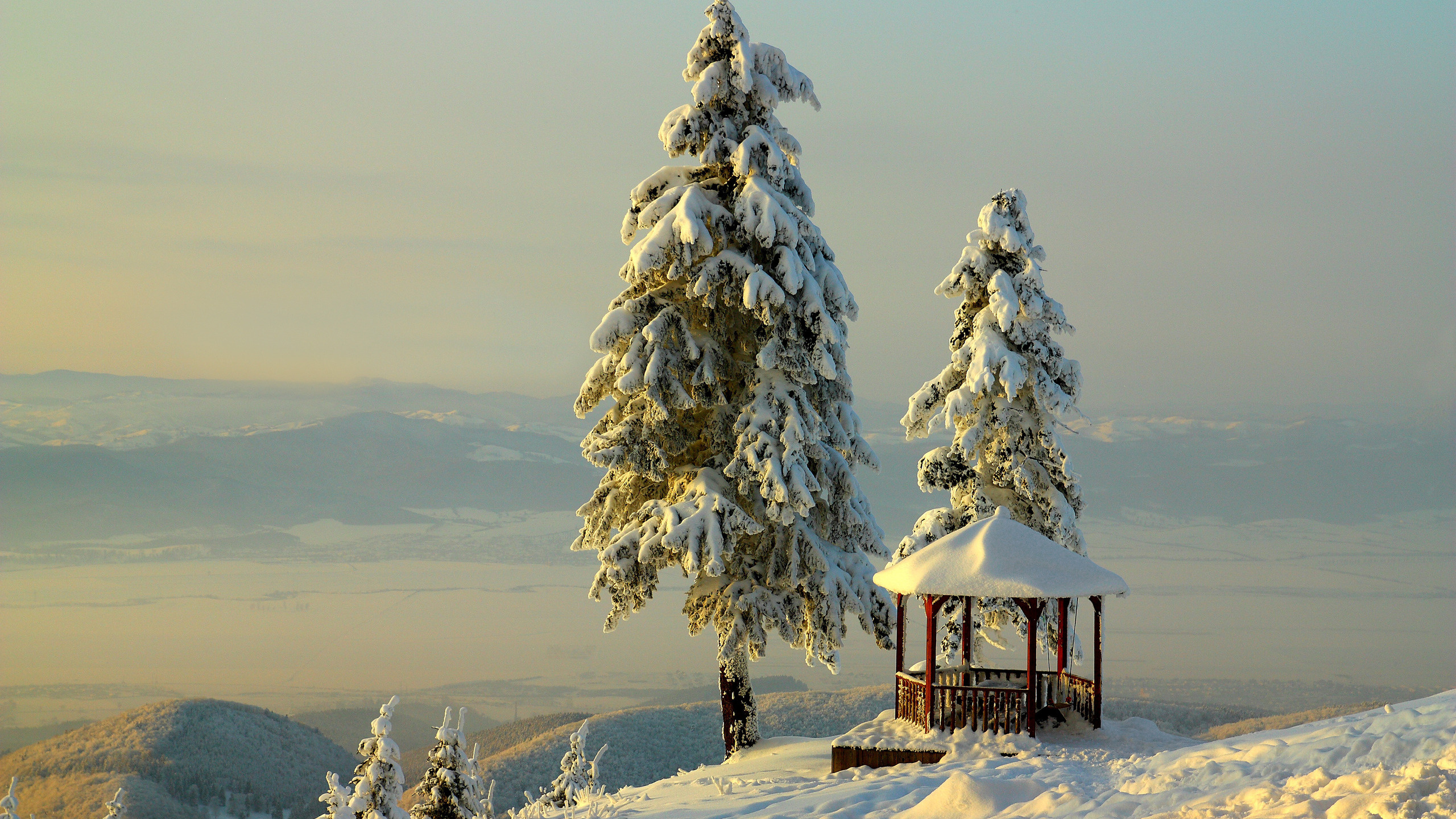 Maison en Bois Marron Sur un Sol Couvert de Neige Pendant la Journée. Wallpaper in 2560x1440 Resolution