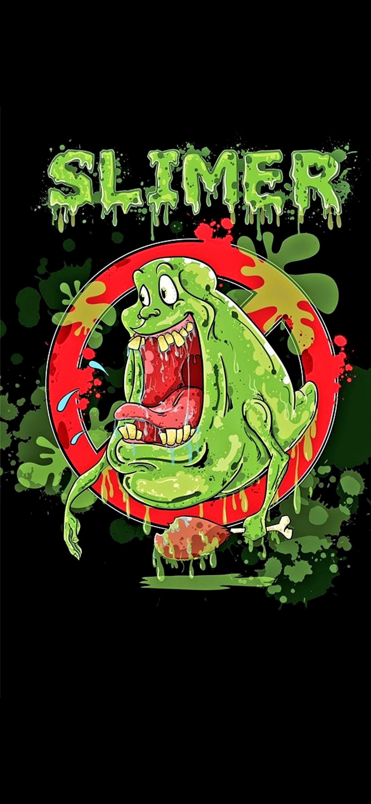 Slimer, Cartoon, Art, Ecto-1, Ghostbusters. Wallpaper in 1242x2688 Resolution