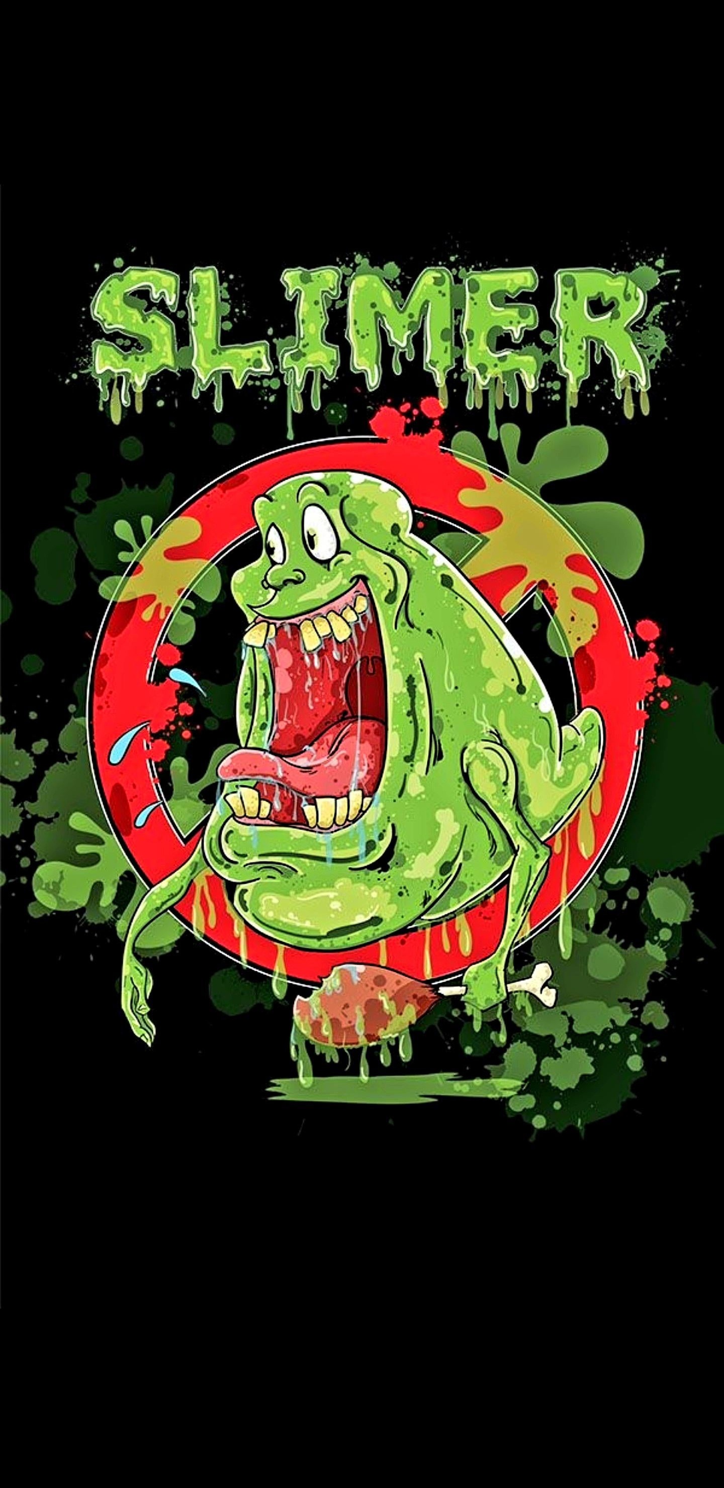 Slimer, Cartoon, Kunst, Ecto-1, Geisterjäger. Wallpaper in 1440x2960 Resolution