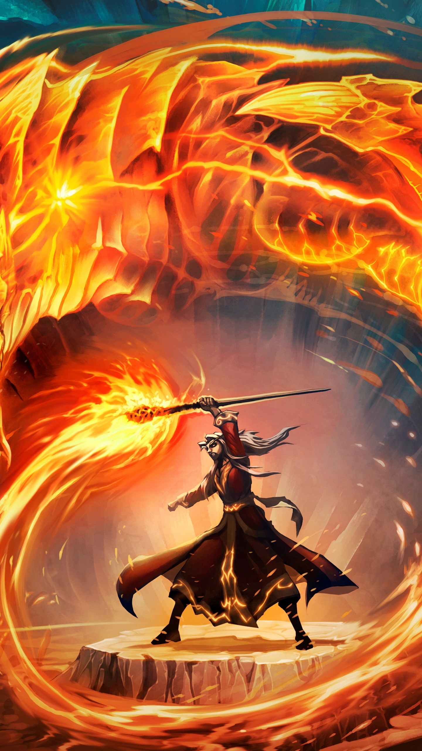 世界的魔兽, 龙, 橙色, 喷火, 炉边 壁纸 1440x2560 允许