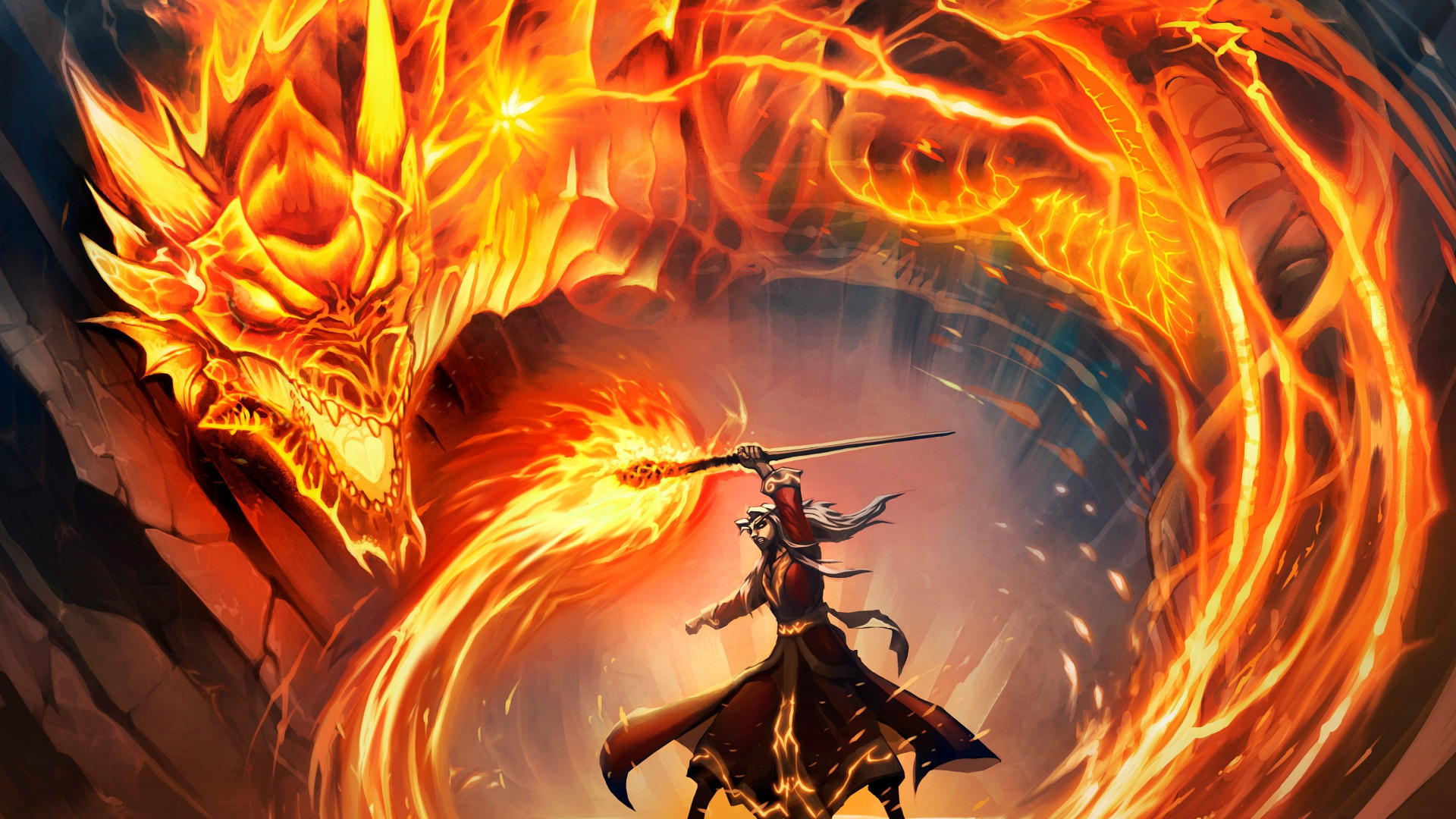 世界的魔兽, 龙, 橙色, 喷火, 炉边 壁纸 1920x1080 允许