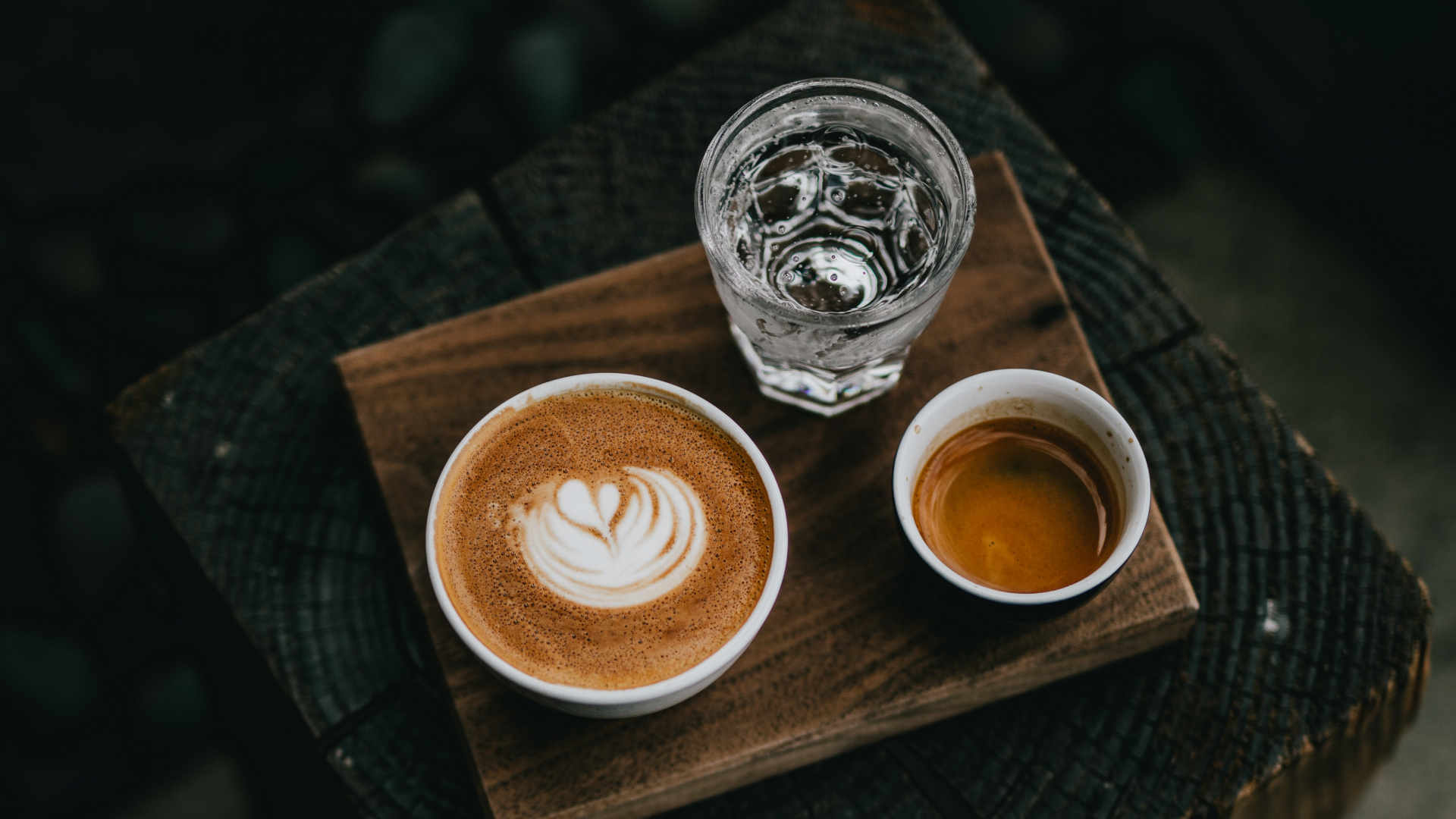 Cappuccino in Brown Ceramic Mug on Brown Wooden Table. Wallpaper in 1920x1080 Resolution