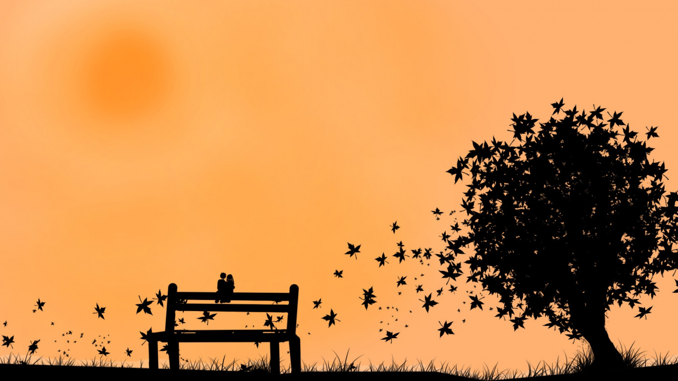 Silhouette Der Bank Bei Sonnenuntergang. Wallpaper in 1366x768 Resolution