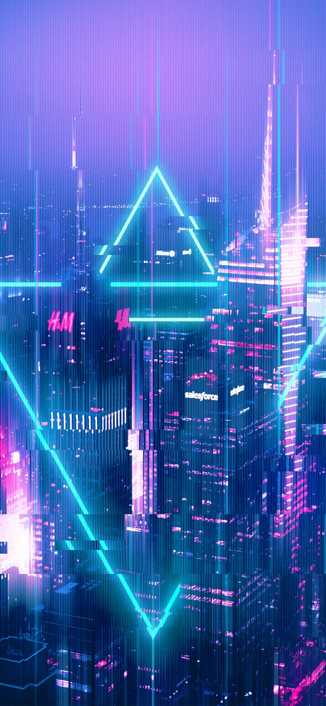 Glitch Art, Building, Skyscraper, Light, Purple. Wallpaper in 1125x2436 Resolution