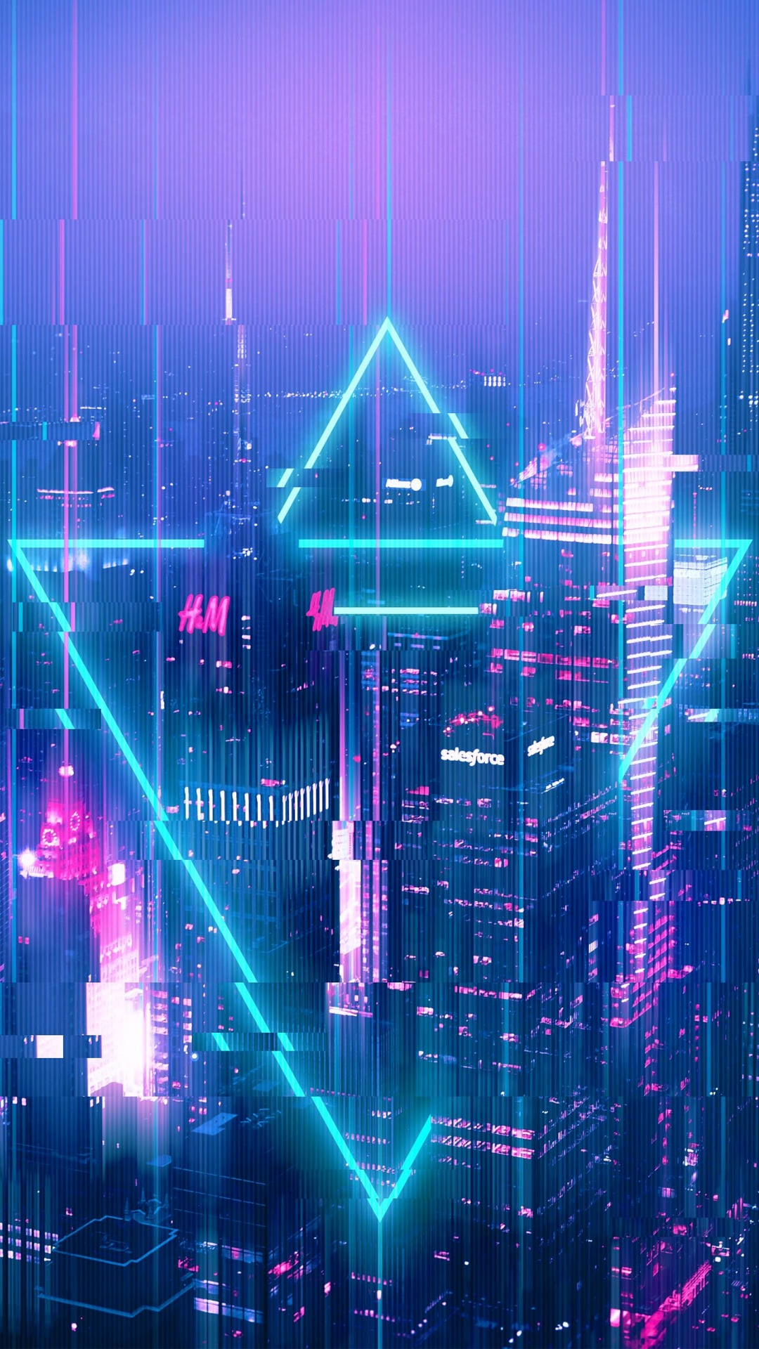 Glitch Art, Gebäude, Wolkenkratzer, Licht, Purpur. Wallpaper in 1080x1920 Resolution