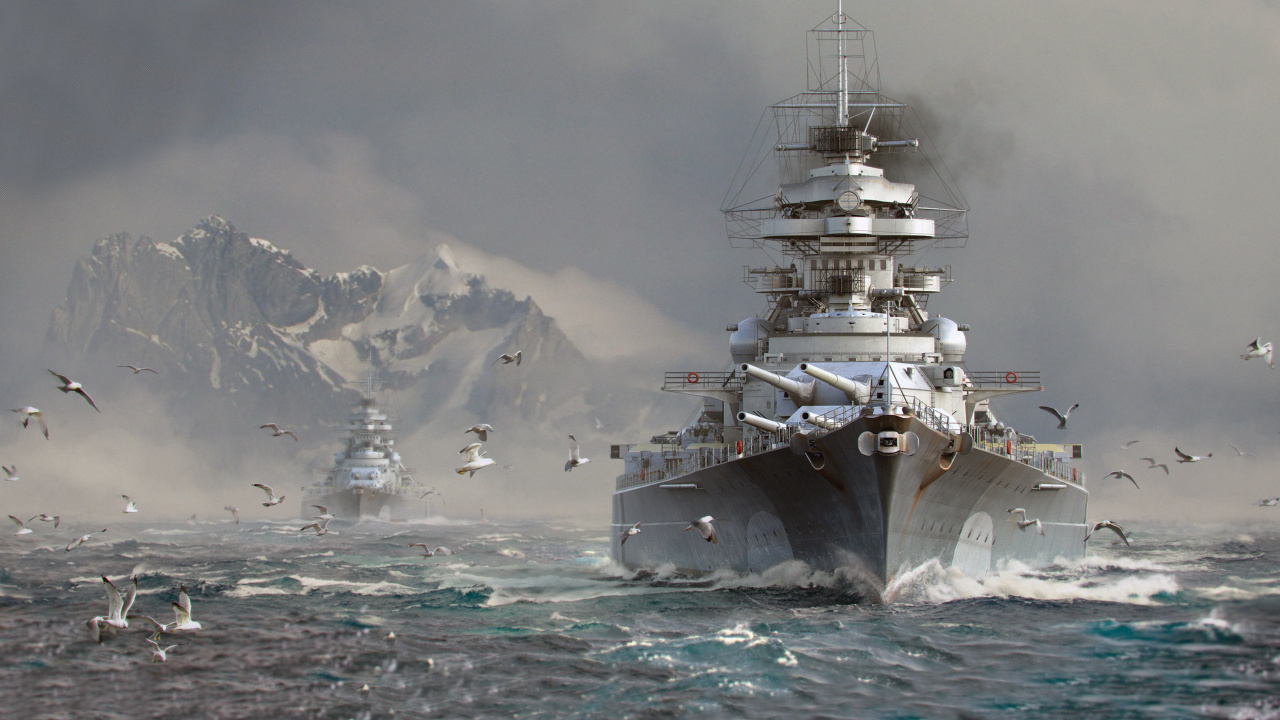 World of Warships, German Battleship Tirpitz, German Battleship Bismarck, HMS Hood, Bismarck-class Battleship. Wallpaper in 1280x720 Resolution