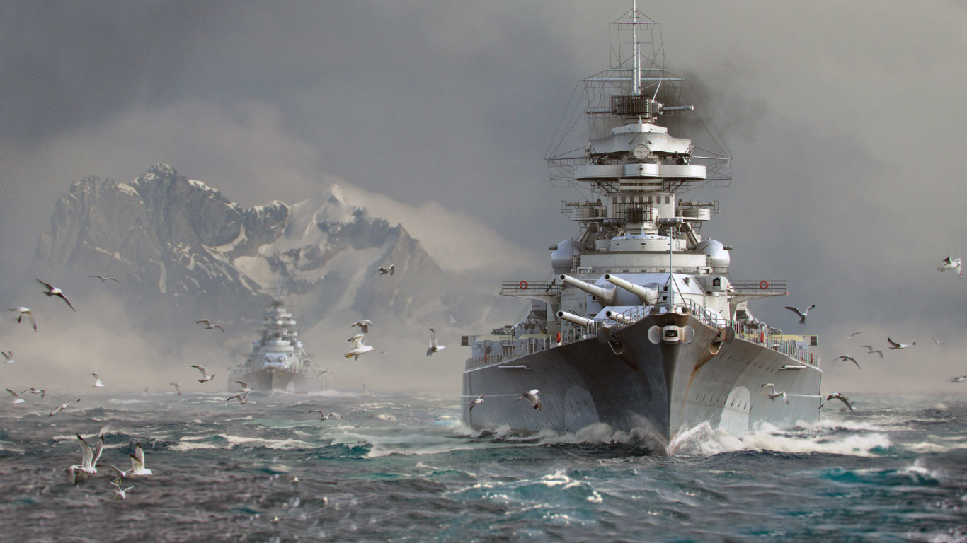 World of Warships, German Battleship Tirpitz, German Battleship Bismarck, HMS Hood, Bismarck-class Battleship. Wallpaper in 1366x768 Resolution