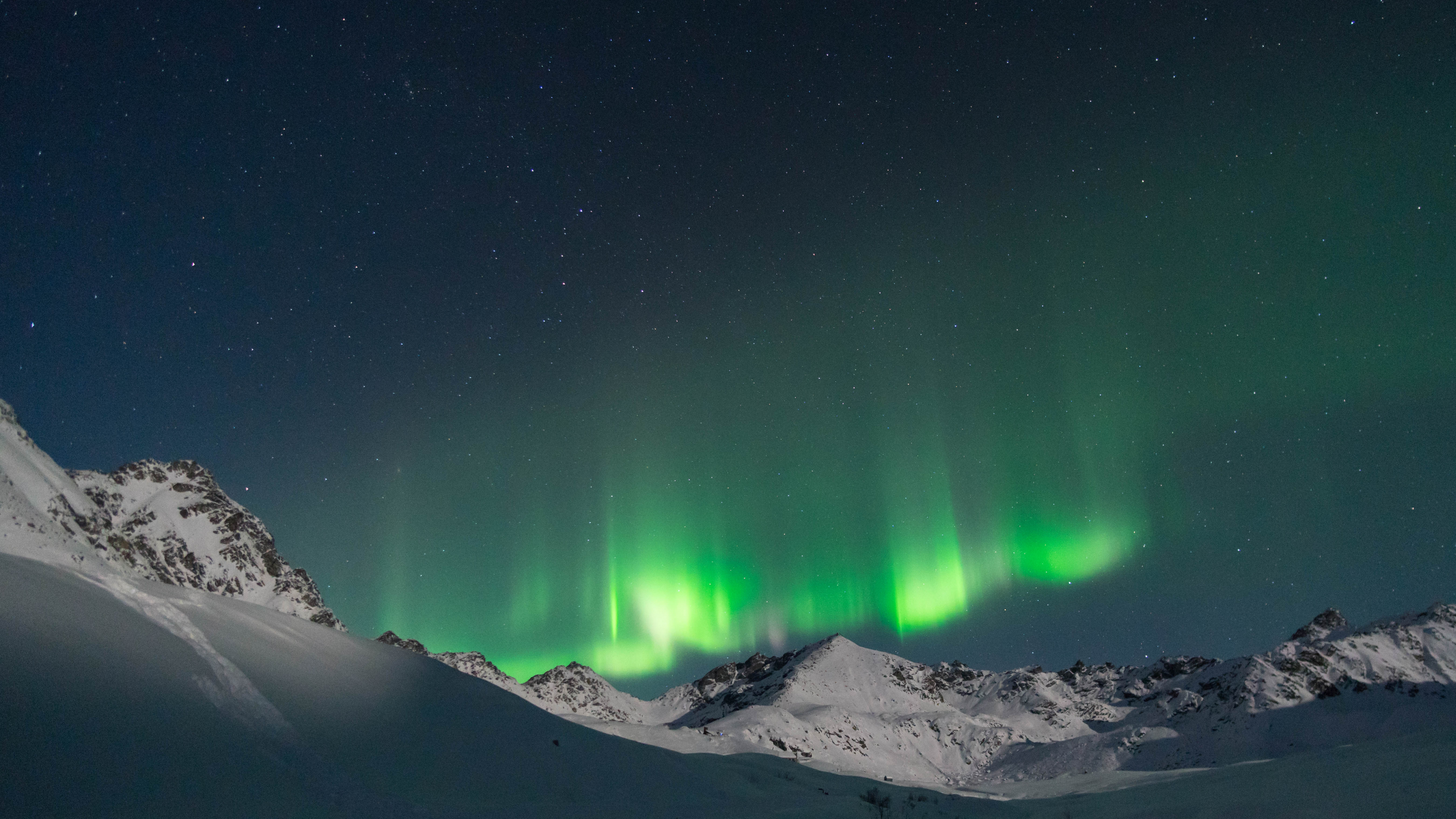 Nature, Aurora, Alaska, Snowy Mountains, Mountain Range. Wallpaper in 3840x2160 Resolution