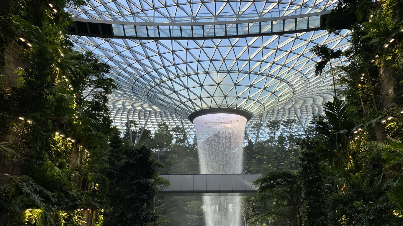 Singapur, Wahrzeichen, Garden, Wasserspiel, Sehenswürdigkeit. Wallpaper in 1366x768 Resolution