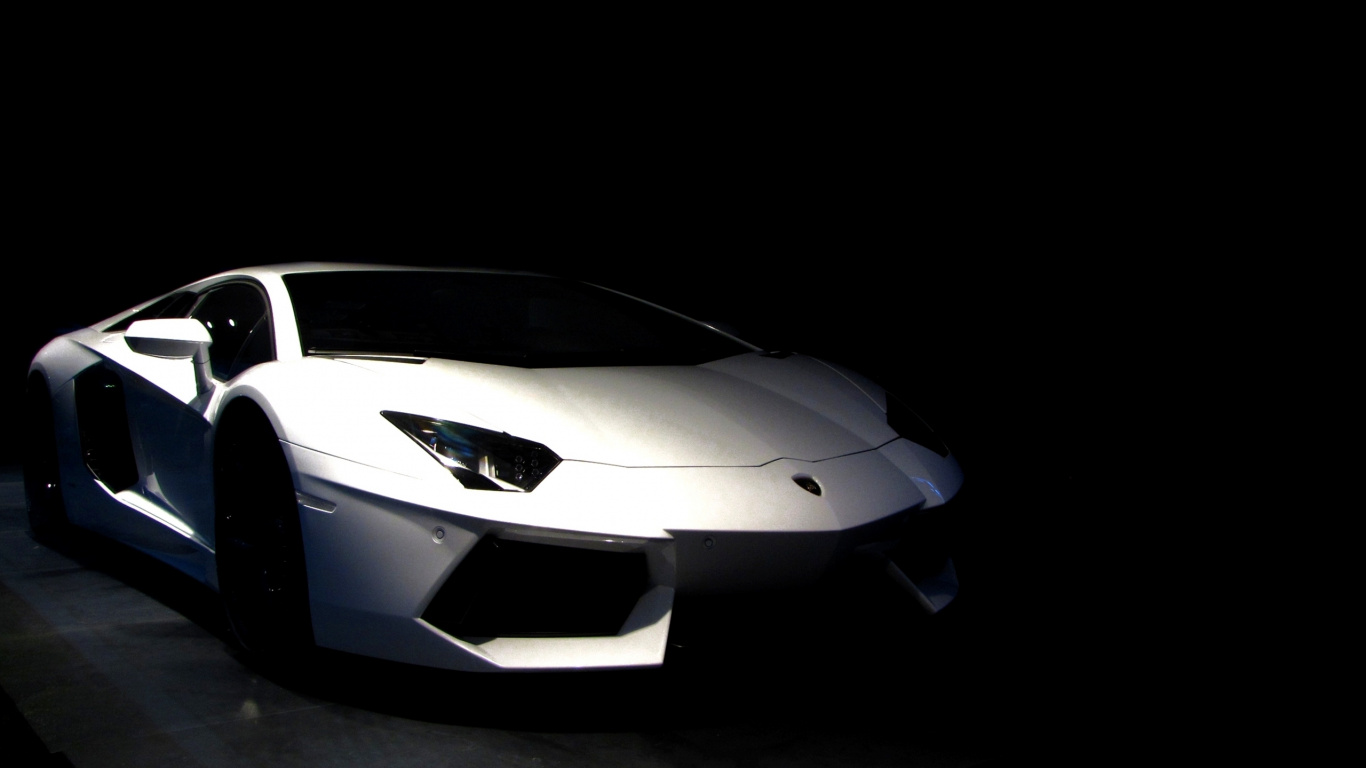 White Lamborghini Aventador in a Dark Room. Wallpaper in 1366x768 Resolution