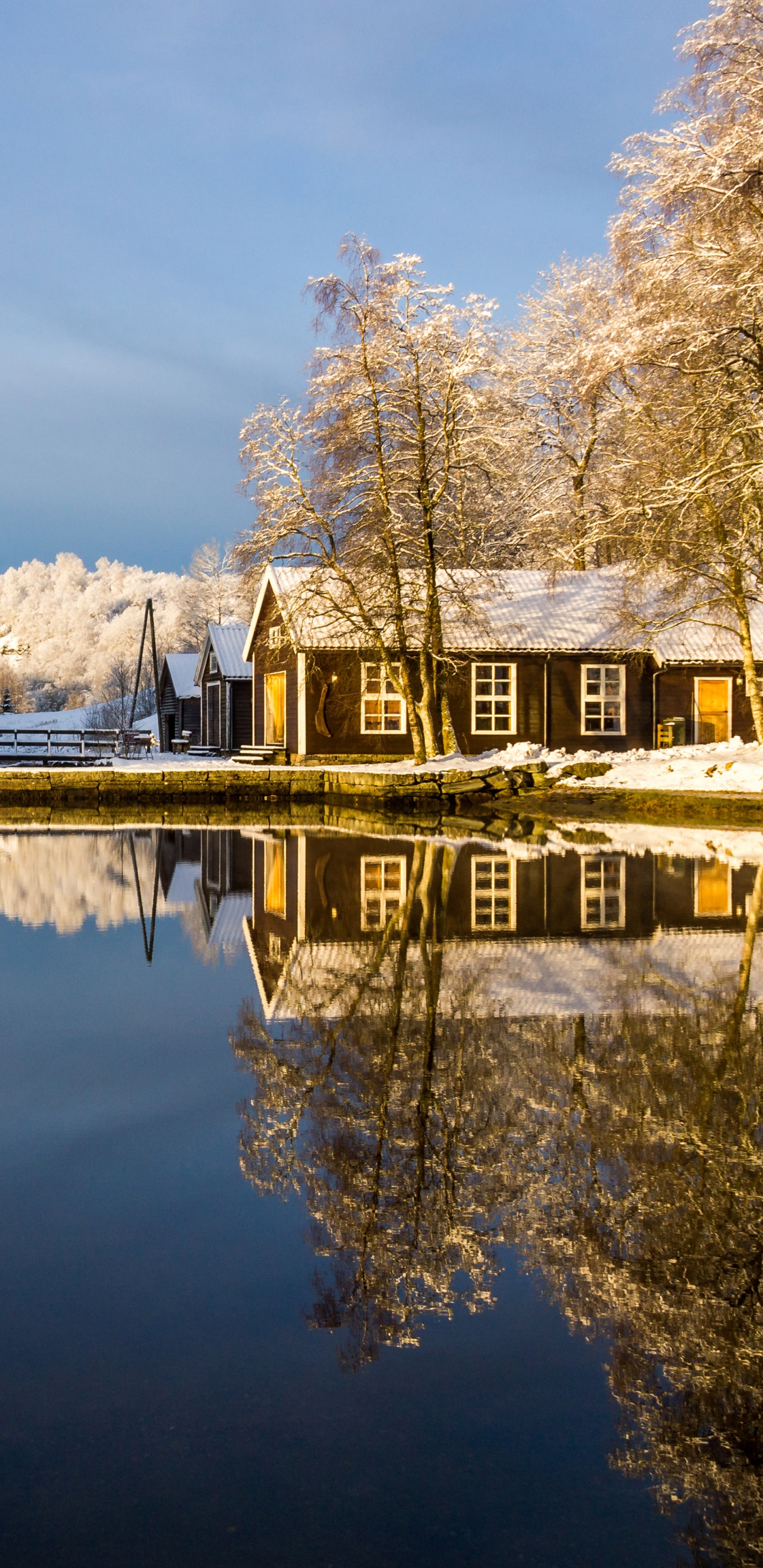 Brown Wooden House on Lake Near Trees and Mountains During Daytime. Wallpaper in 1440x2960 Resolution