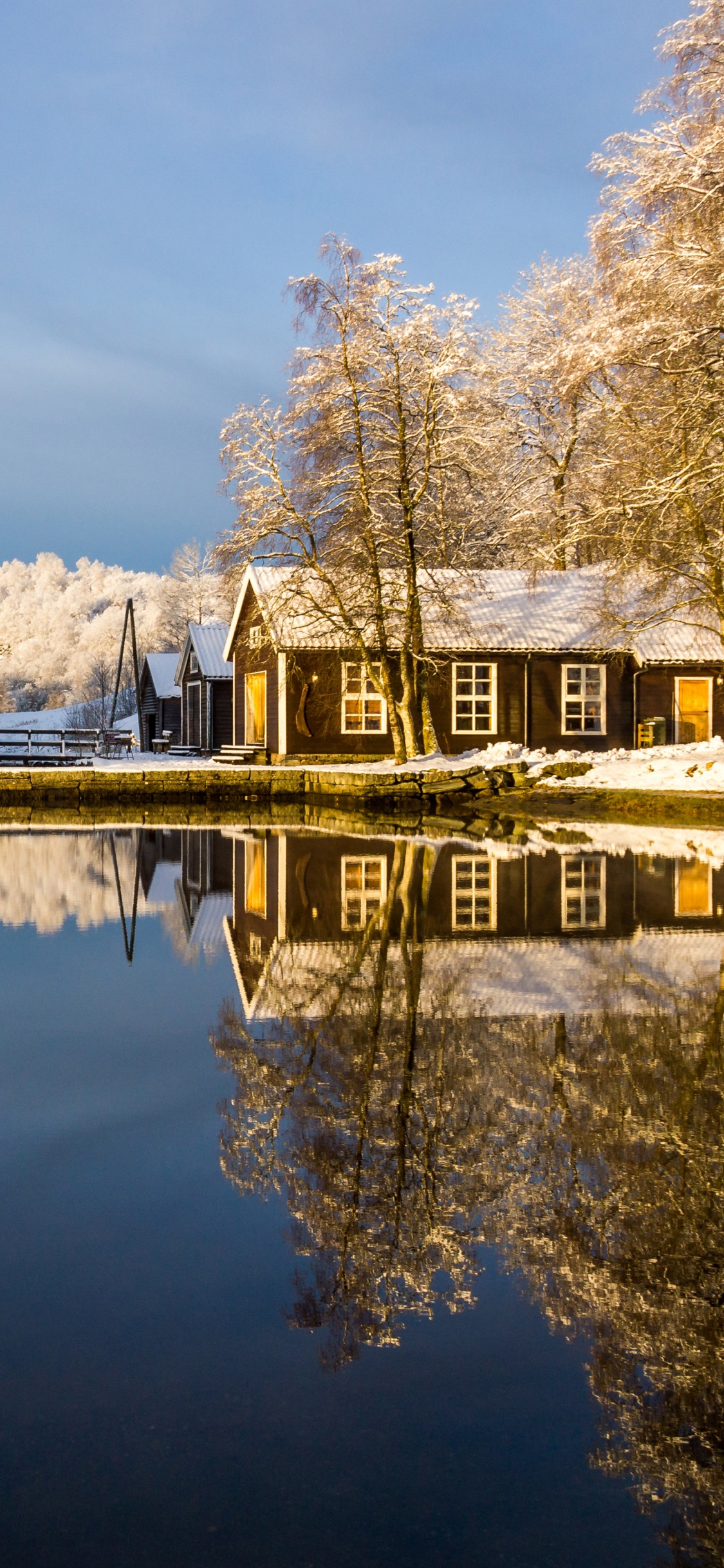 Braunes Holzhaus am See in Der Nähe Von Bäumen Und Bergen Tagsüber. Wallpaper in 1125x2436 Resolution