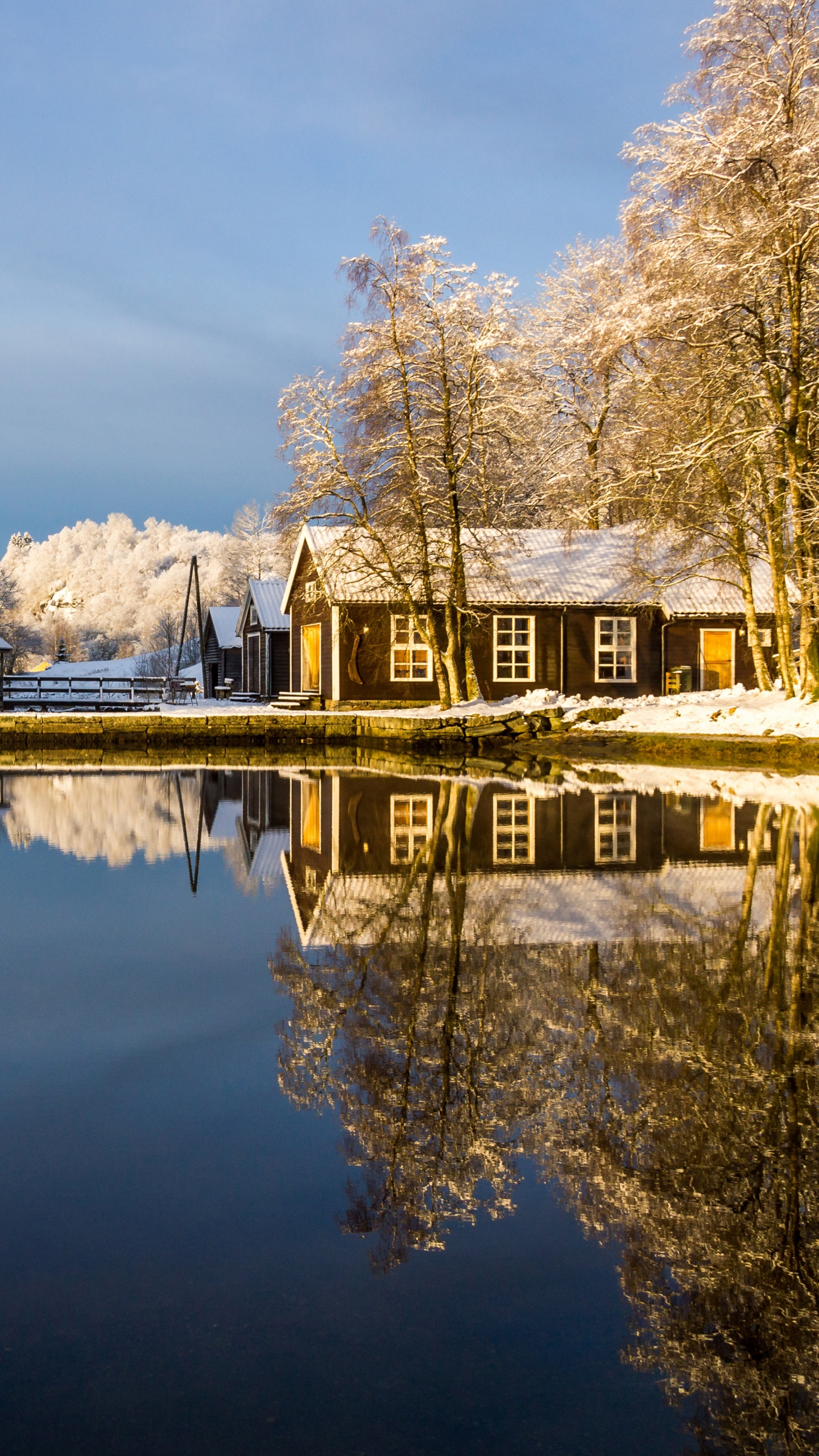 Braunes Holzhaus am See in Der Nähe Von Bäumen Und Bergen Tagsüber. Wallpaper in 1440x2560 Resolution