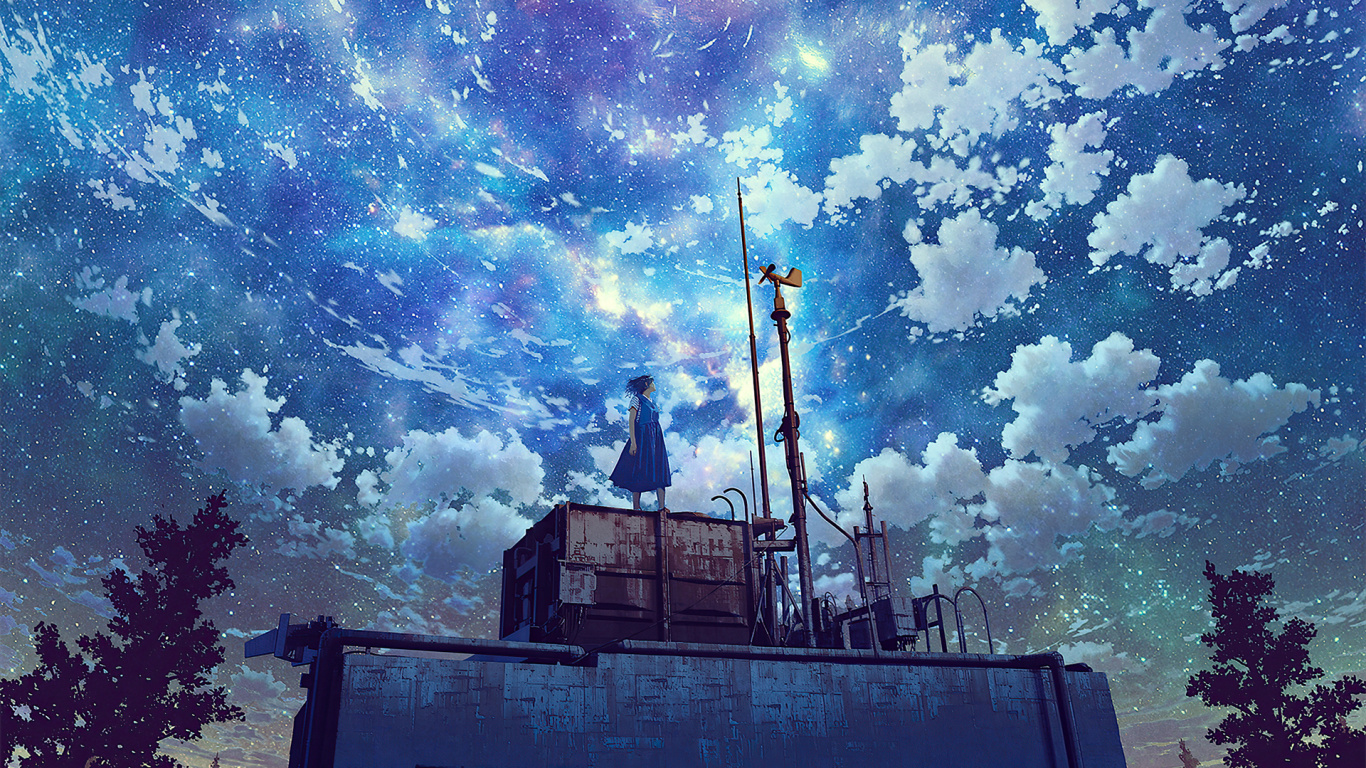 Anime, Anime-Kunst, Cloud, Atmosphäre, Gebäude. Wallpaper in 1366x768 Resolution