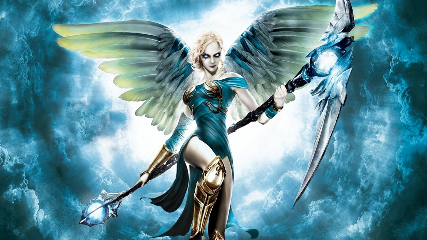 Frau im Blau-weißen Kleid Mit Einer Schwertillustration. Wallpaper in 1366x768 Resolution