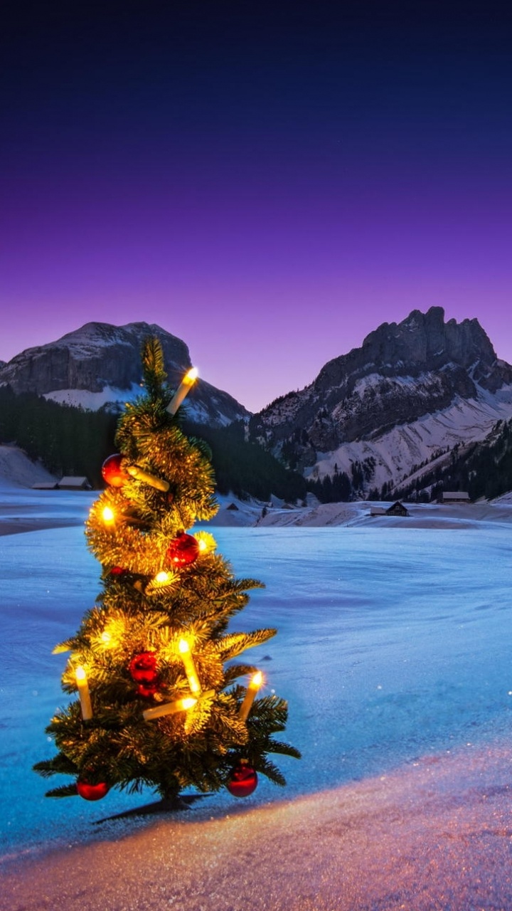 Grüner Und Roter Weihnachtsbaum Mit Gelben Und Roten Kugeln Auf Grauem Sand in Der Nähe Des Blauen Sees. Wallpaper in 720x1280 Resolution