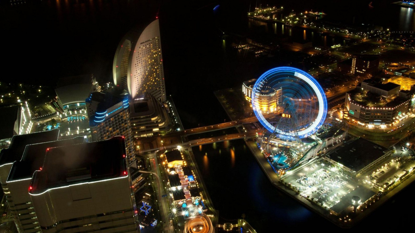 Aerial View of City Buildings During Night Time. Wallpaper in 1366x768 Resolution