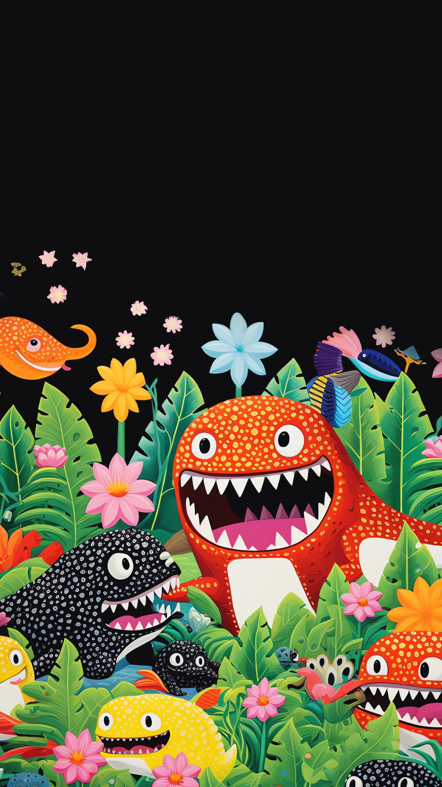 Cartoon, Painting, Drawing, Green, Flower. Wallpaper in 1440x2560 Resolution