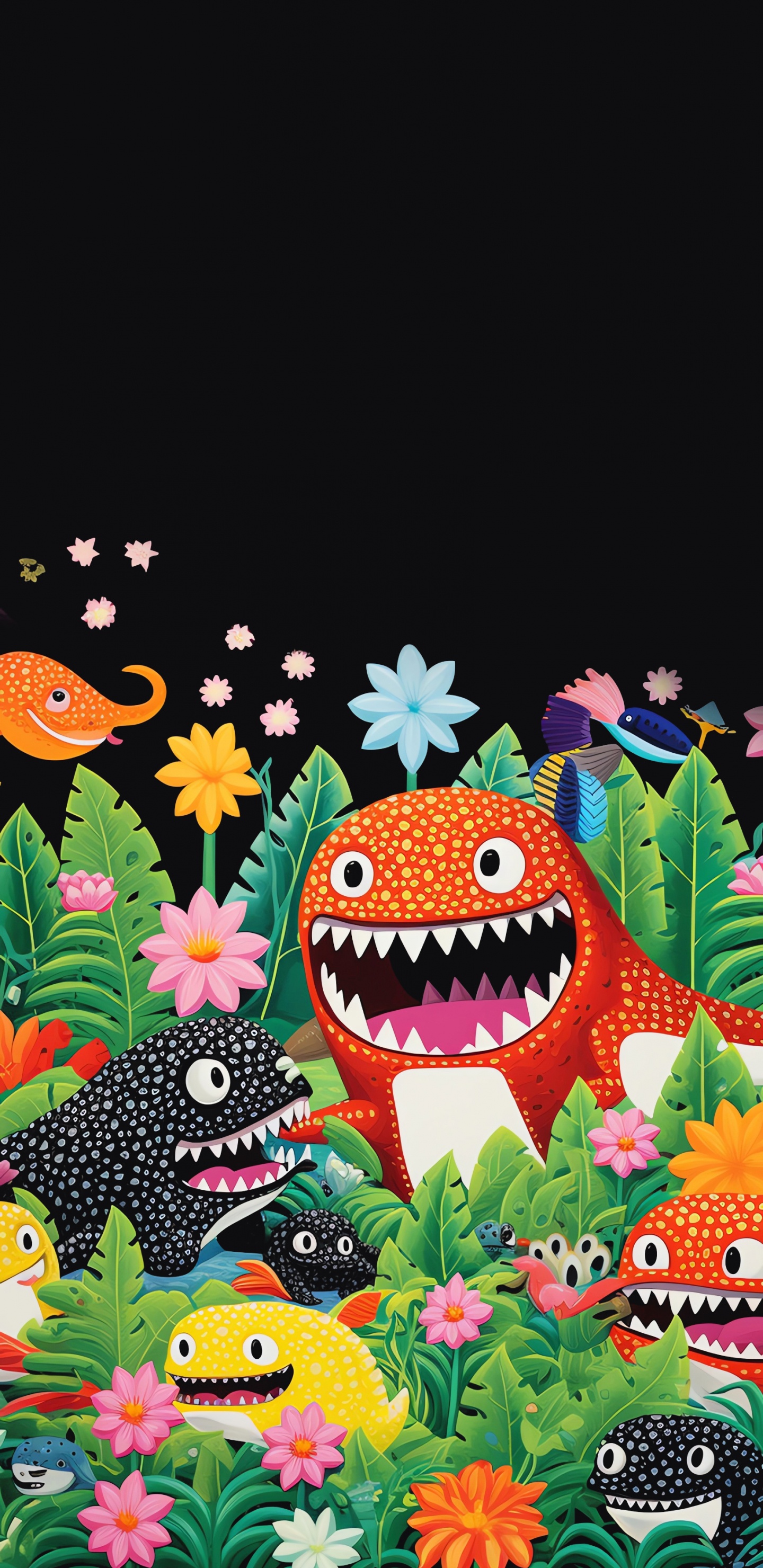 Cartoon, Painting, Drawing, Green, Flower. Wallpaper in 1440x2960 Resolution