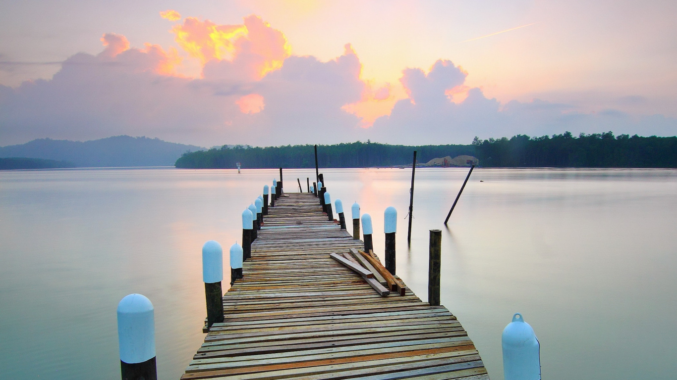 Brown Wooden Dock on Lake During Sunset. Wallpaper in 1366x768 Resolution