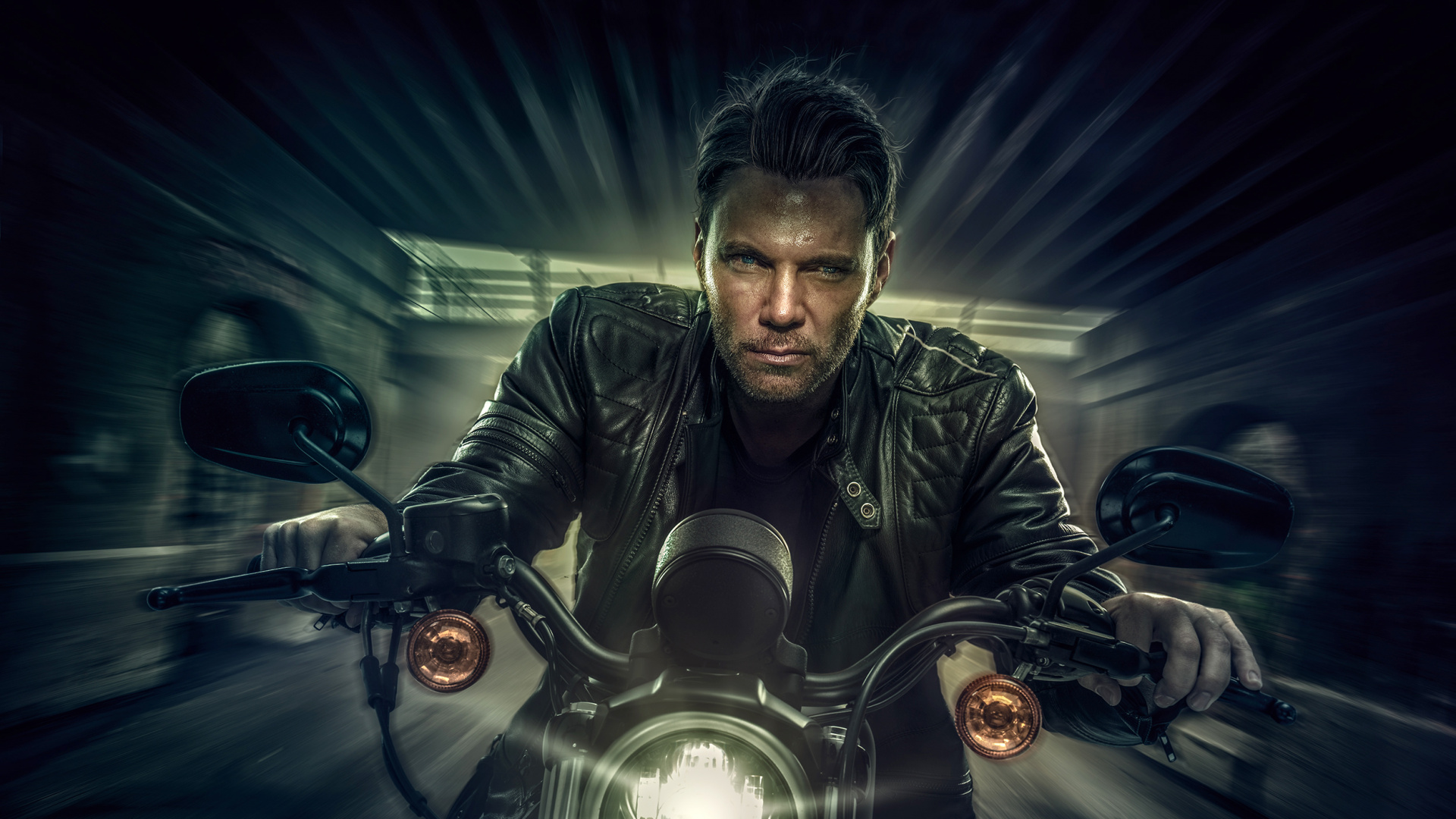 Man in Black Leather Jacket Riding Motorcycle. Wallpaper in 1920x1080 Resolution