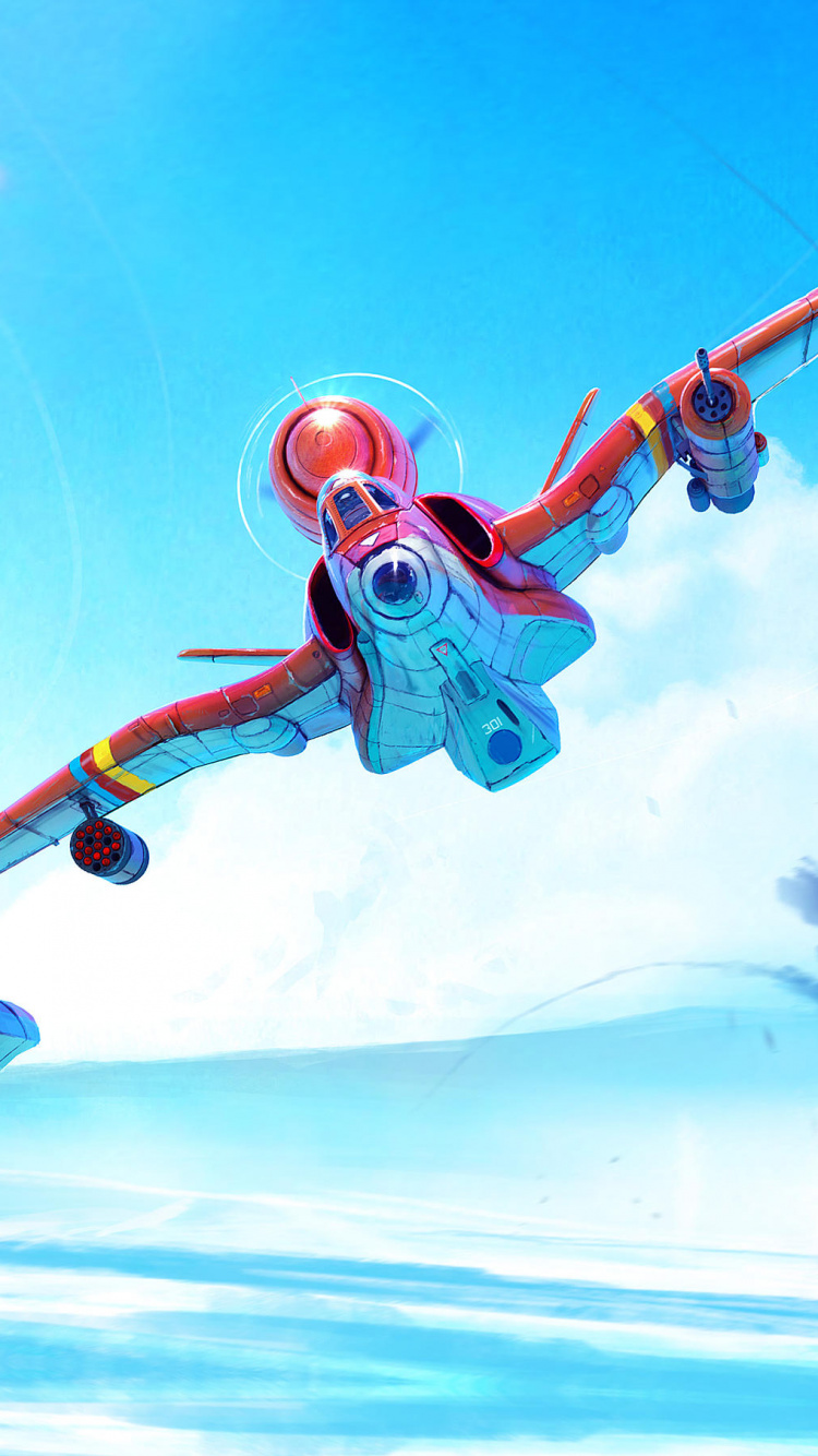 Blue and Red Space Ship on Sky. Wallpaper in 750x1334 Resolution