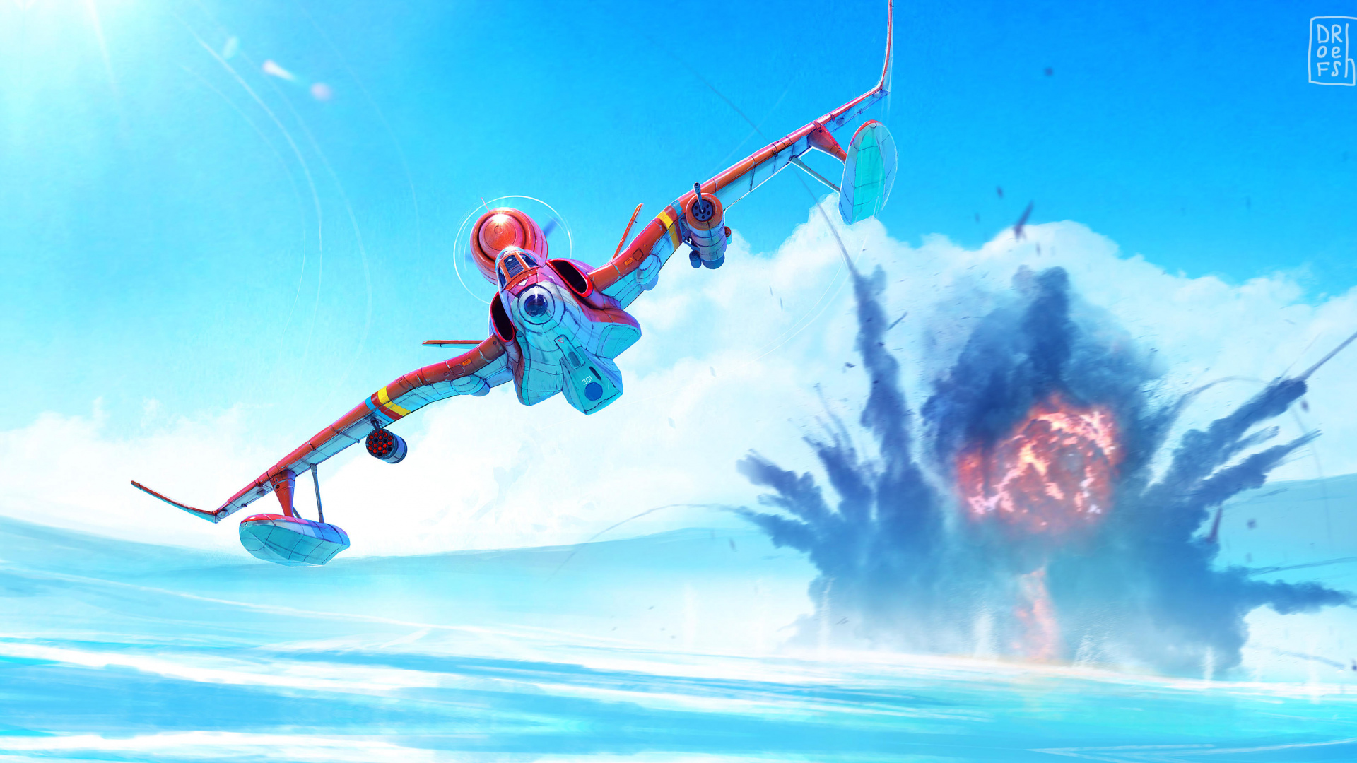 Blaues Und Rotes Raumschiff am Himmel. Wallpaper in 1920x1080 Resolution